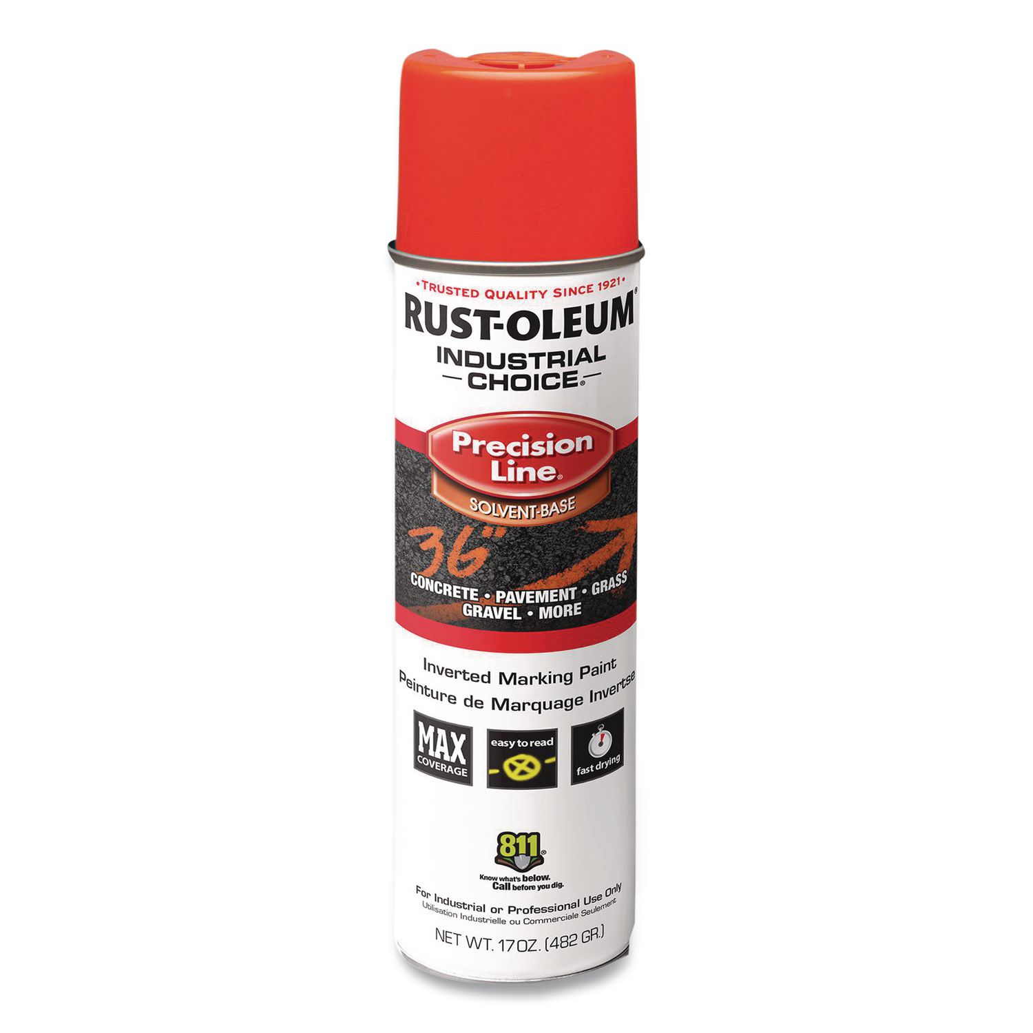 Industrial Choice M1600 System Solvent-Based Precision Line Marking Paint, Flat Fluorescent Red-Orange,17oz Aerosol Can,12/CT