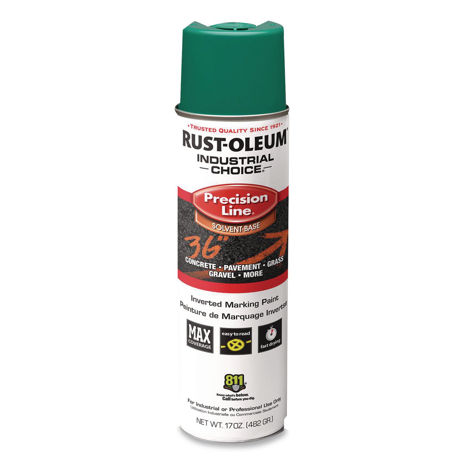 Industrial Choice M1600 System Solvent-Based Precision Line Marking Paint, Flat Green, 17 oz Aerosol Can, 12/Carton