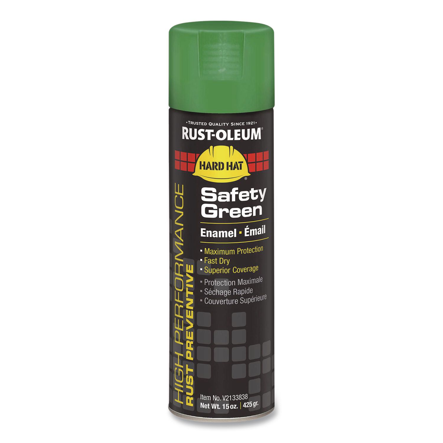 Hard Hat High Performance V2100 System Rust Preventive Enamel Spray Paint, Gloss Safety Green, 15 oz Aerosol Can, 6/Carton