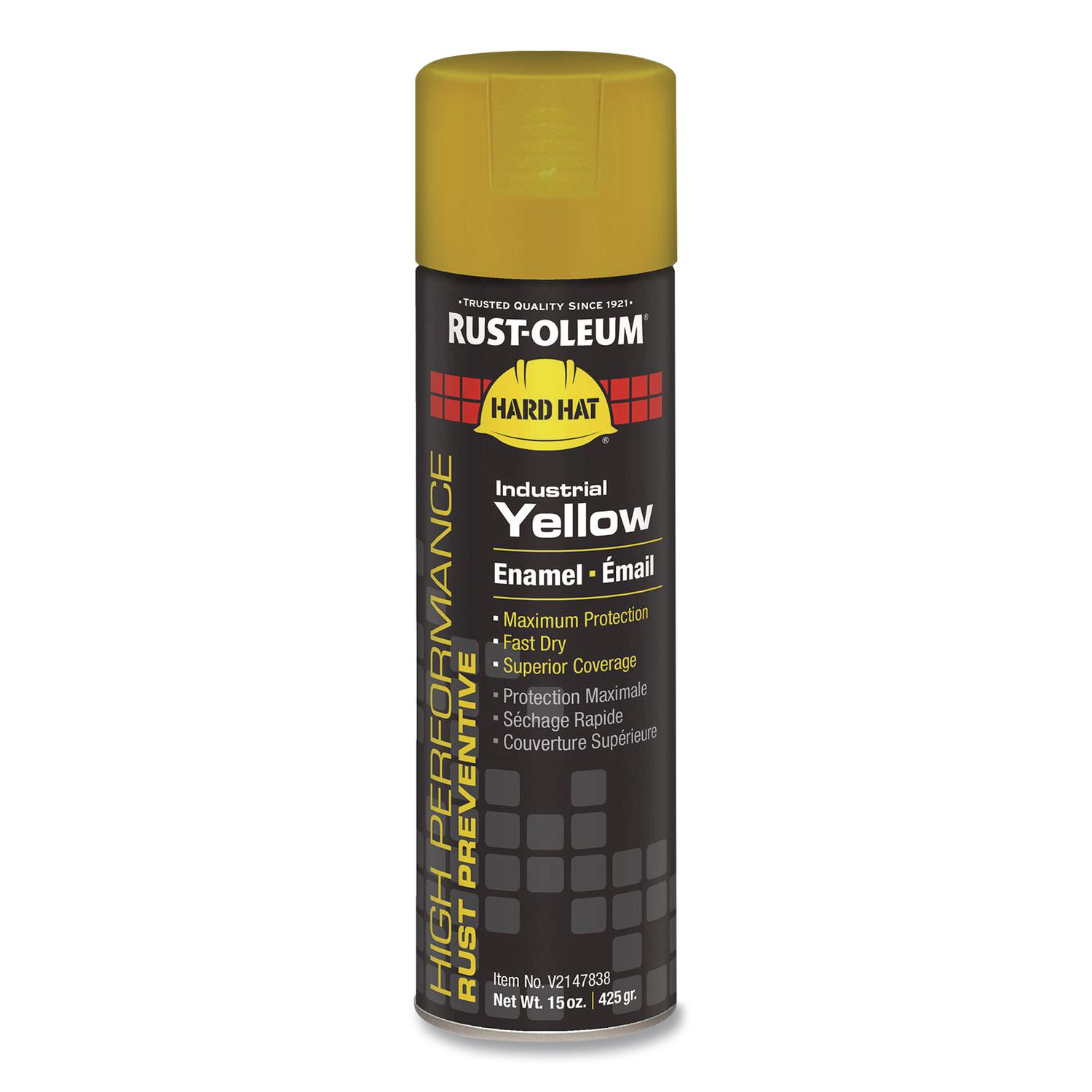 Hard Hat High Performance V2100 System Rust Preventive Enamel Spray Paint, Gloss Industrial Yellow, 15 oz Aerosol Can, 6/CT