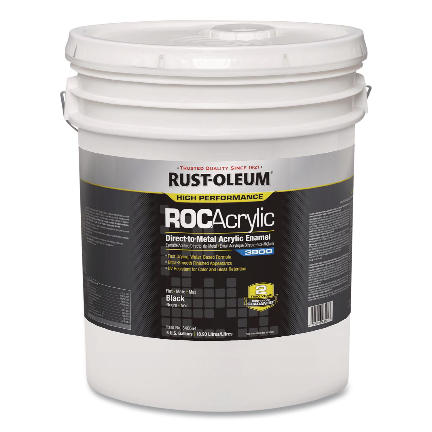 High Performance ROC Acrylic Direct to Metal Paint, Flat Black, 5 gal Bucket/Pail