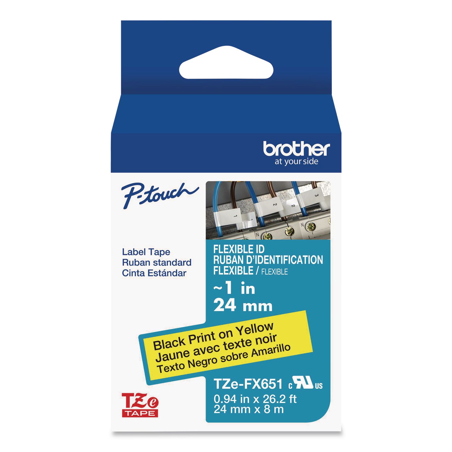 TZe Flexible Tape Cartridge for P-Touch Labelers, 0.94" x 26.2 ft, Black on Yellow