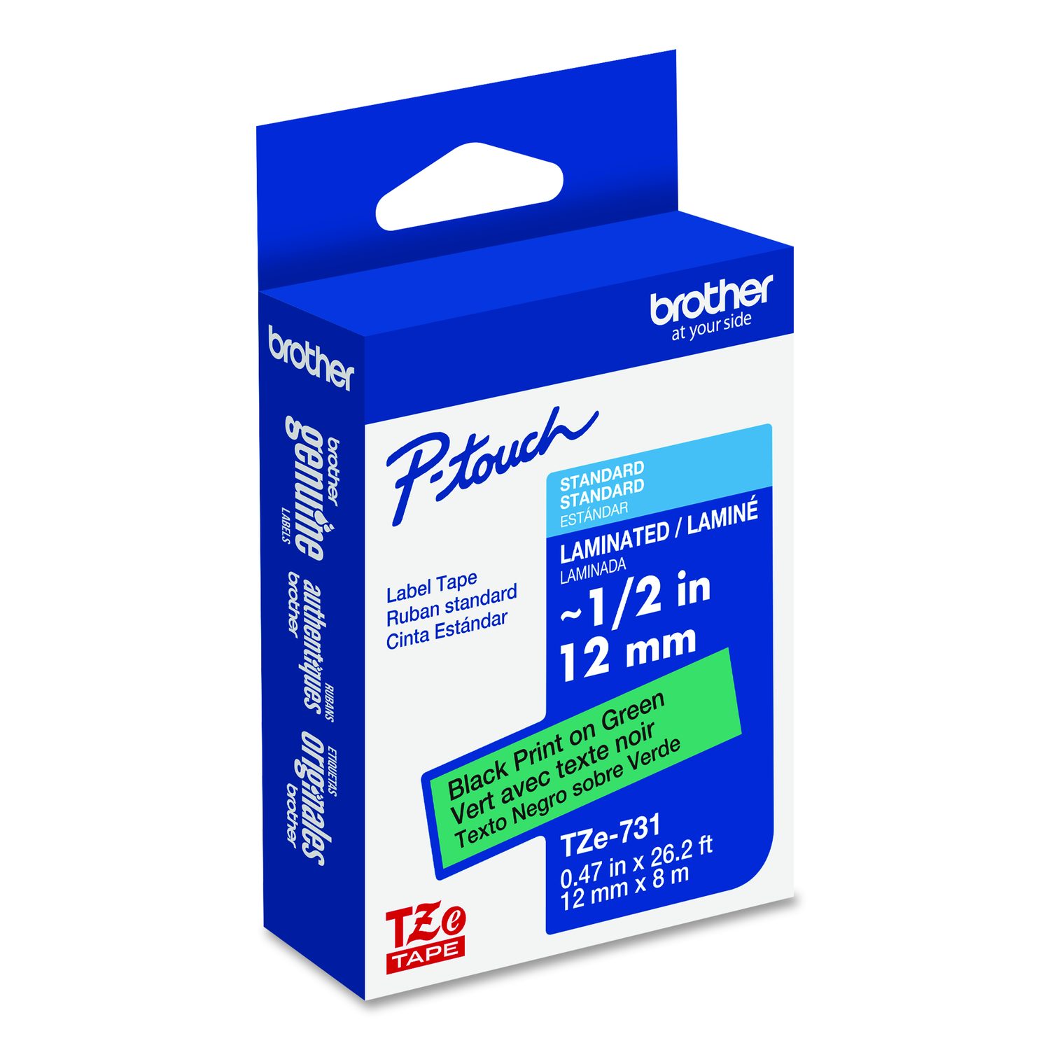 TZe Laminated Removable Label Tapes, 0.47"" x 26.2 ft, Black on Green