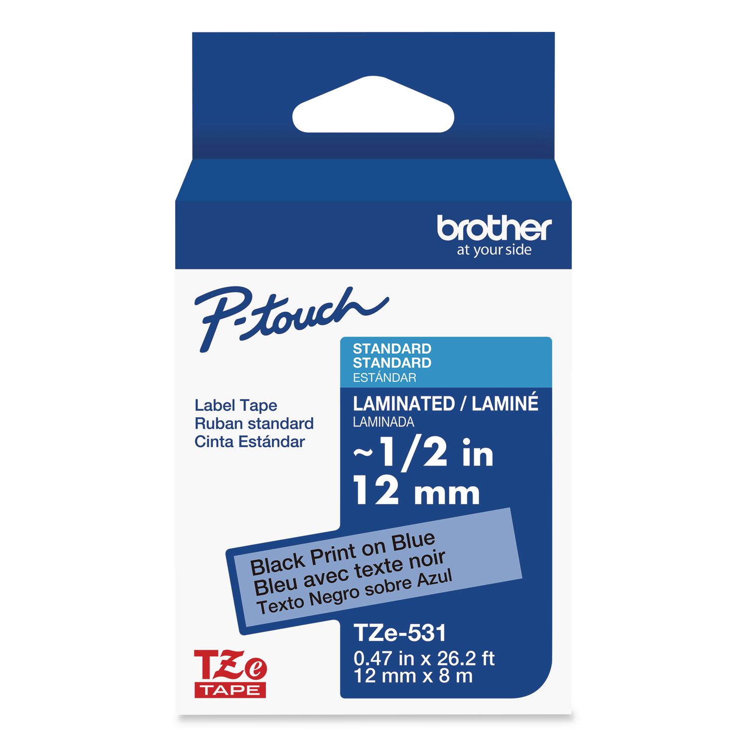 TZe Laminated Removable Label Tapes, 0.47" x 26.2 ft, Black on Blue