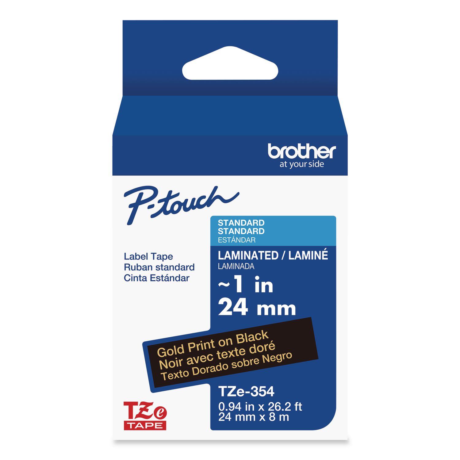 TZe Standard Adhesive Laminated Labeling Tape, 0.94" x 26.2 ft, Gold on Black