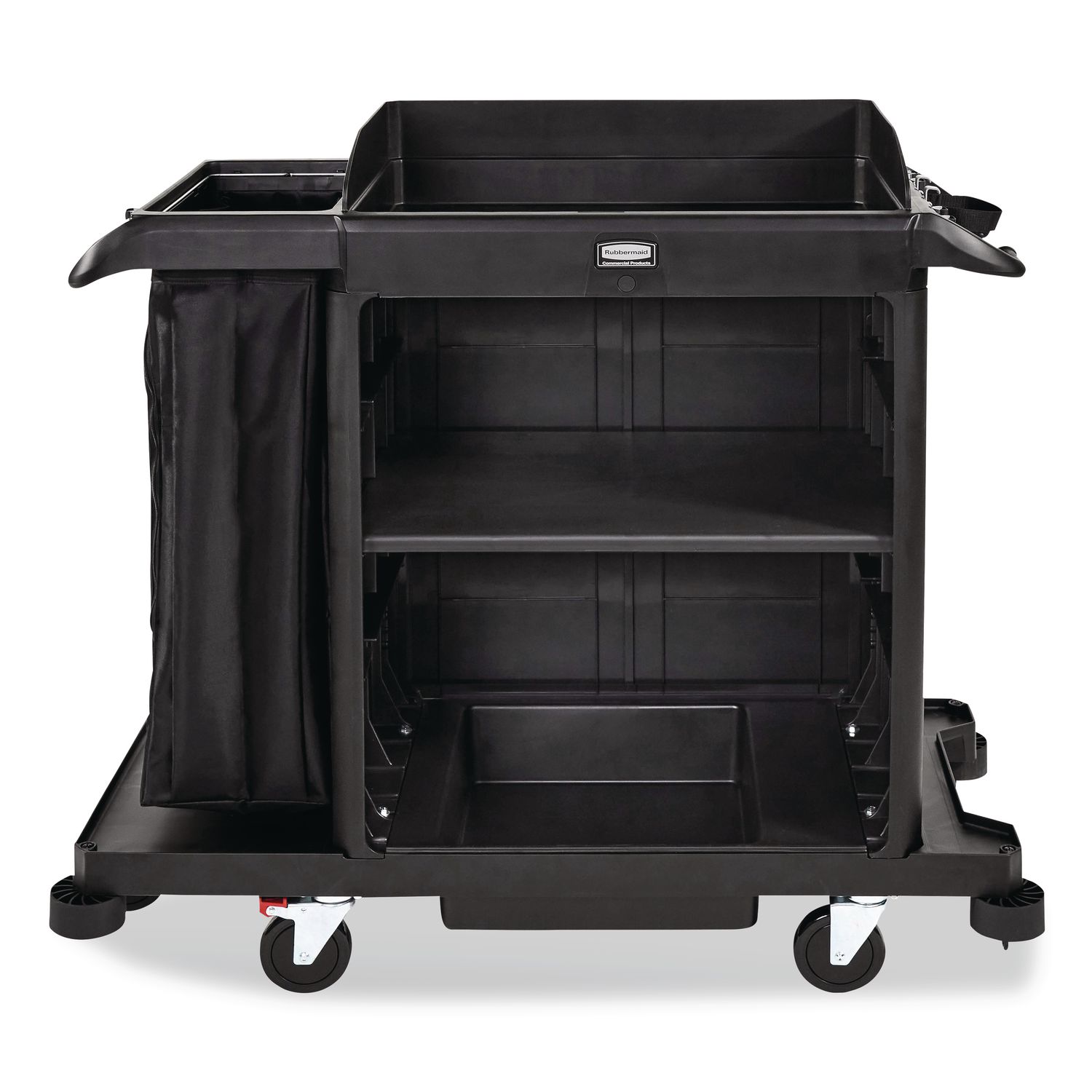 Compact Housekeeping Cart, Plastic, 3 Shelves 1 Bin, 23 x 53.12 x 19.1, Black