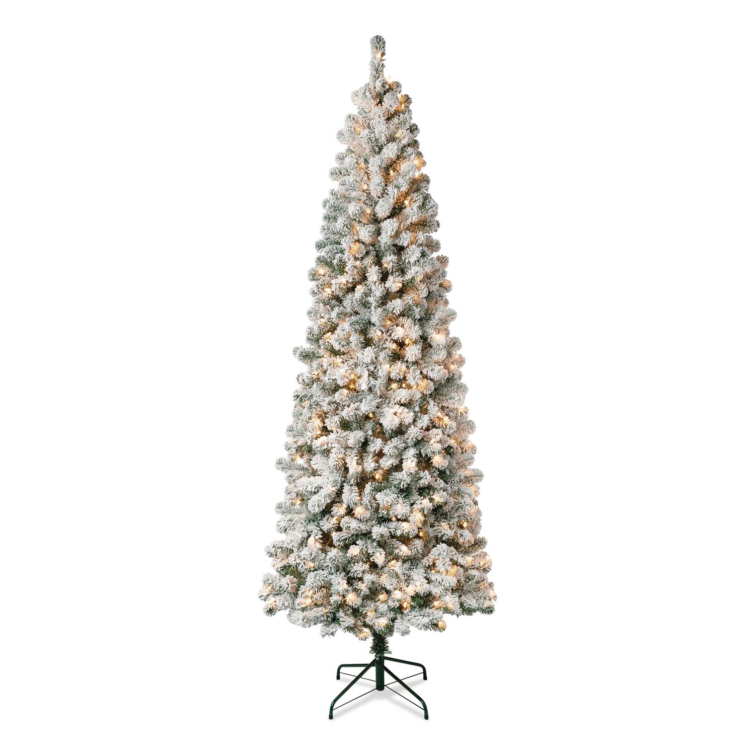 Pre-Lit Acacia Medium Flocked Tree, 34" x 34" x 89", Green Tree, Green Tree Stand