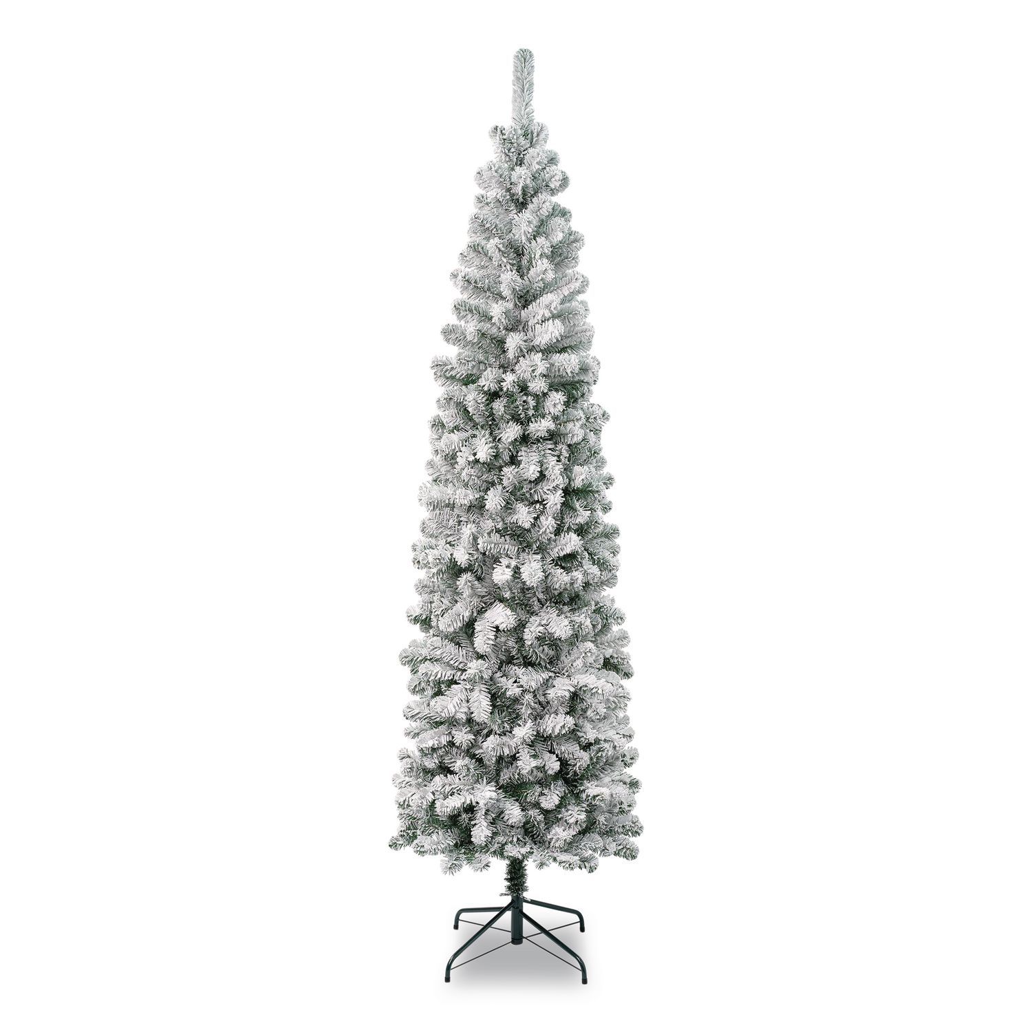 Acacia Pencil Slim Flocked Tree, 26" x 26" x 88.5", Green Tree, Green Tree Stand
