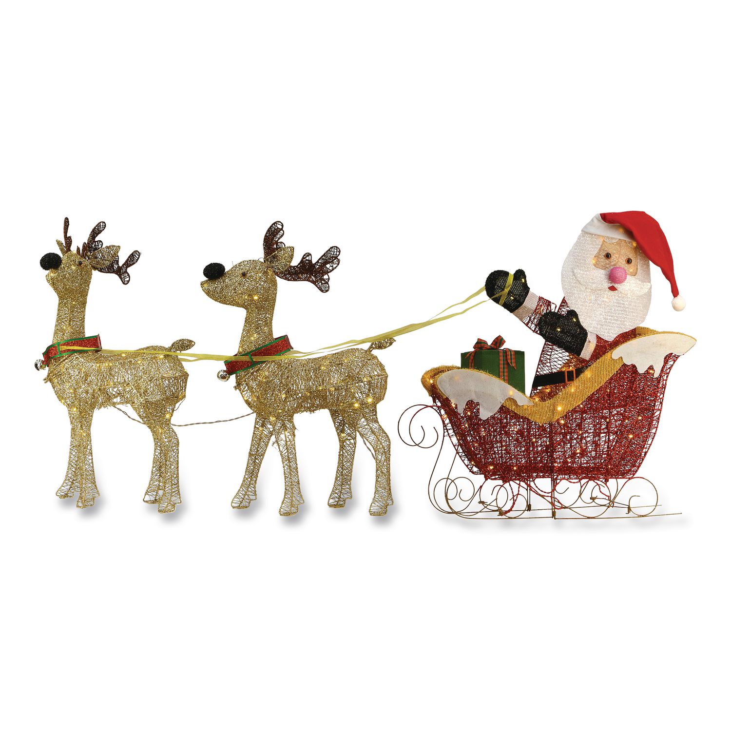 Santa and Reindeer, AC Powered, Warm White LED Lights, 11.25" x 30.75" x 33.5", Champagne