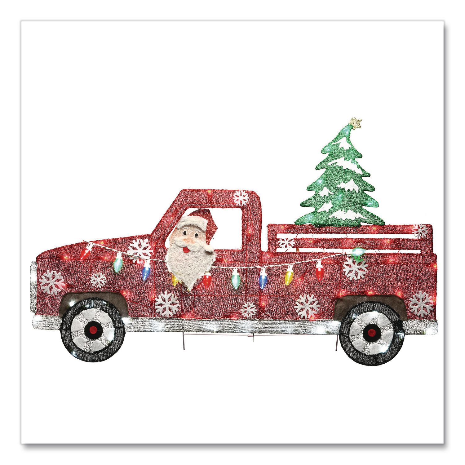 Pre-Lit Santa in Red Truck, AC Powered, Blue/Green/Red/Yellow LED Lights, 11" x 46" x 27", Red