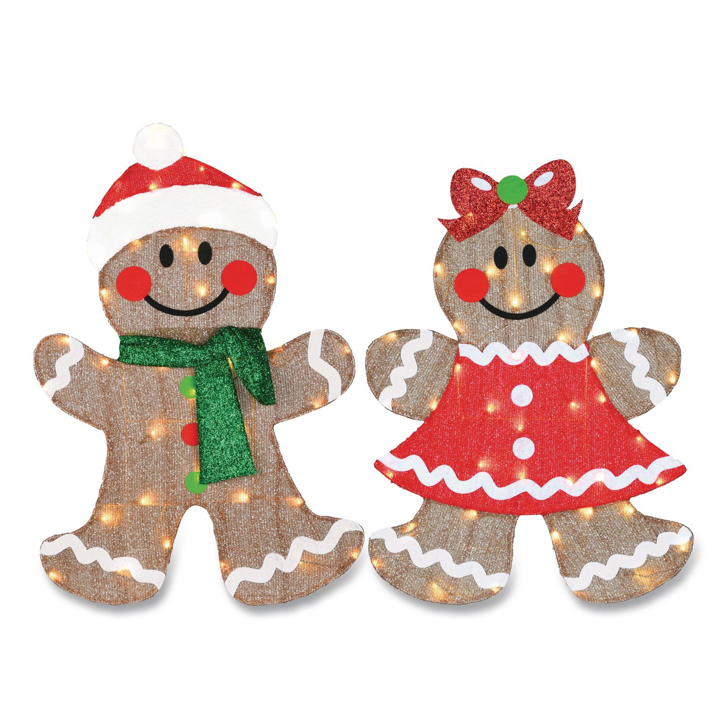 Pre-Lit Gingerbread Cookie Couple, AC Powered, Warm White LED Lights, 12" x 24" x 35", Assorted Colors