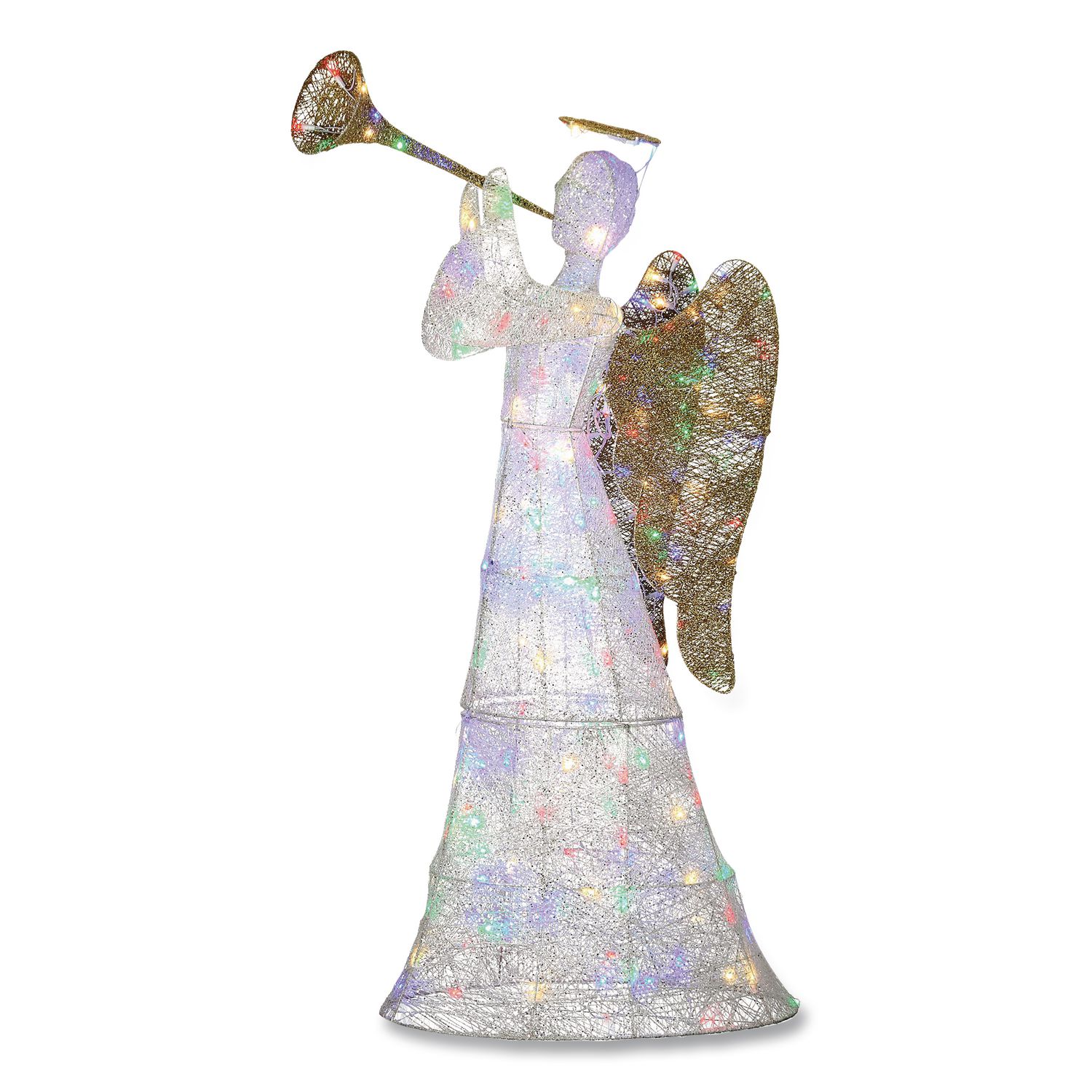 Trumpeting White Angel, AC Powered, Blue/Green/Red/Yellow LED Lights, 18" x 33" x 60", White