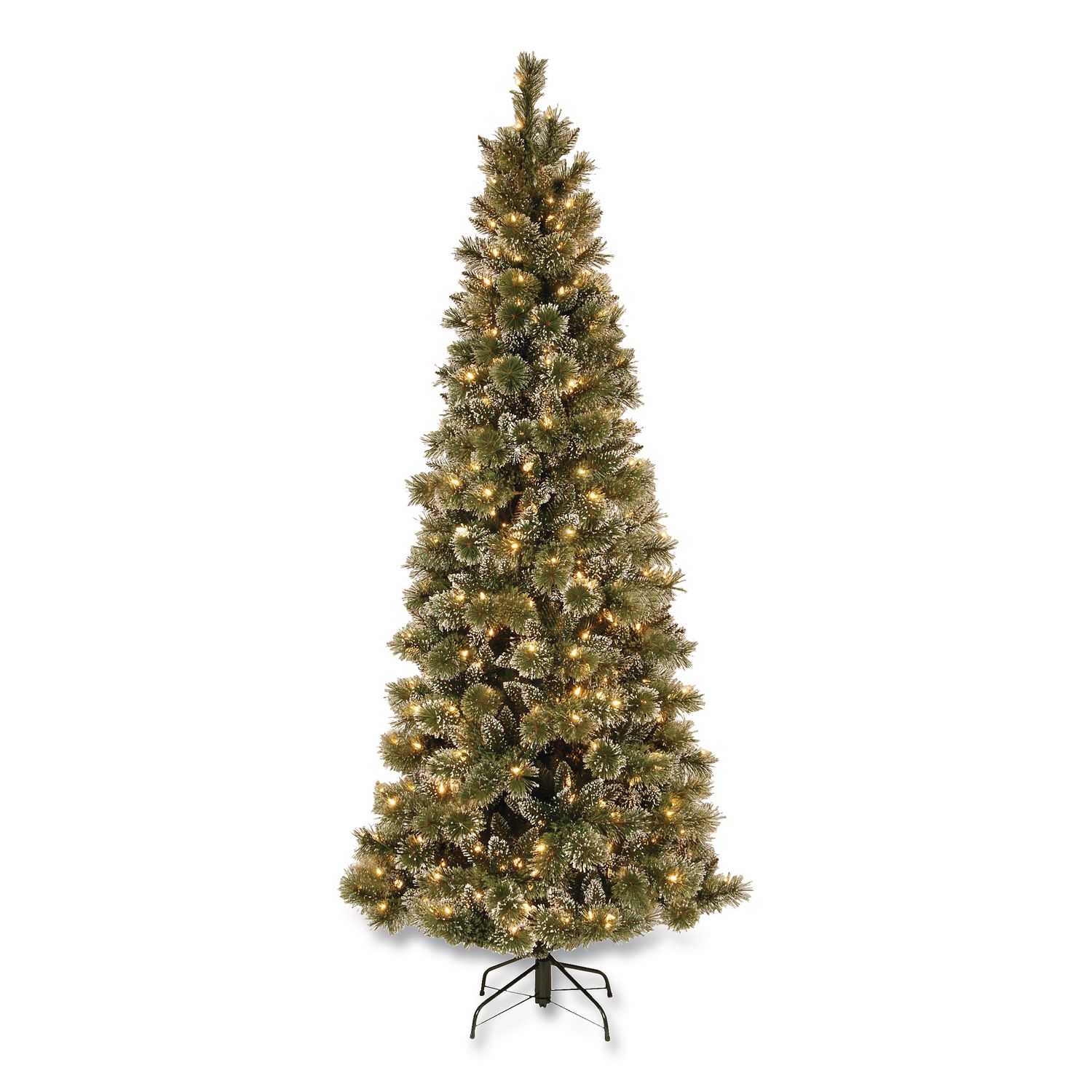 Pre-Lit Glittery Bristle Slim Tree, 42" x 42" x 90", Green Tree, Green Tree Stand