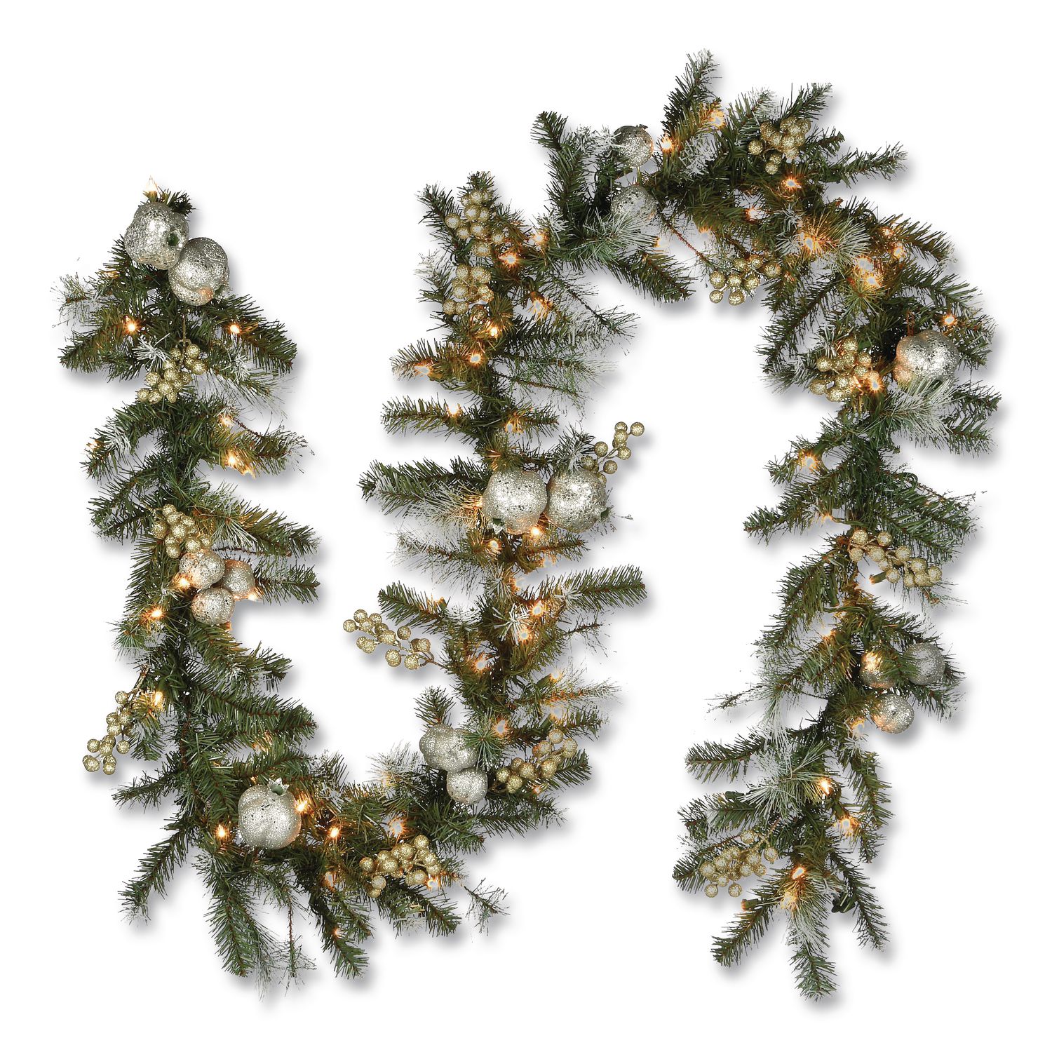 Pre-Lit Glittery Pine Pomegranate Garland, AC Powered, Clear Incandescent Lights, 108" Long, Green