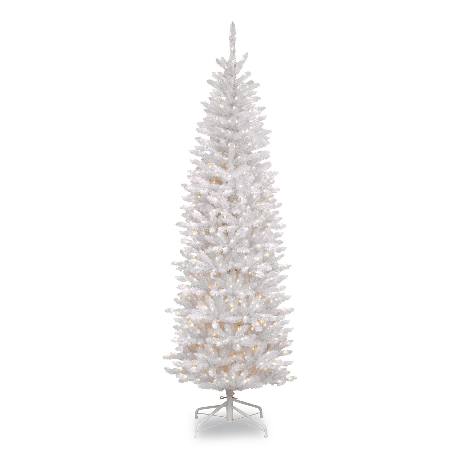 Pre-Lit Kingswood Fir Pencil Tree, 28" x 28" x 78", White Tree, White Tree Stand
