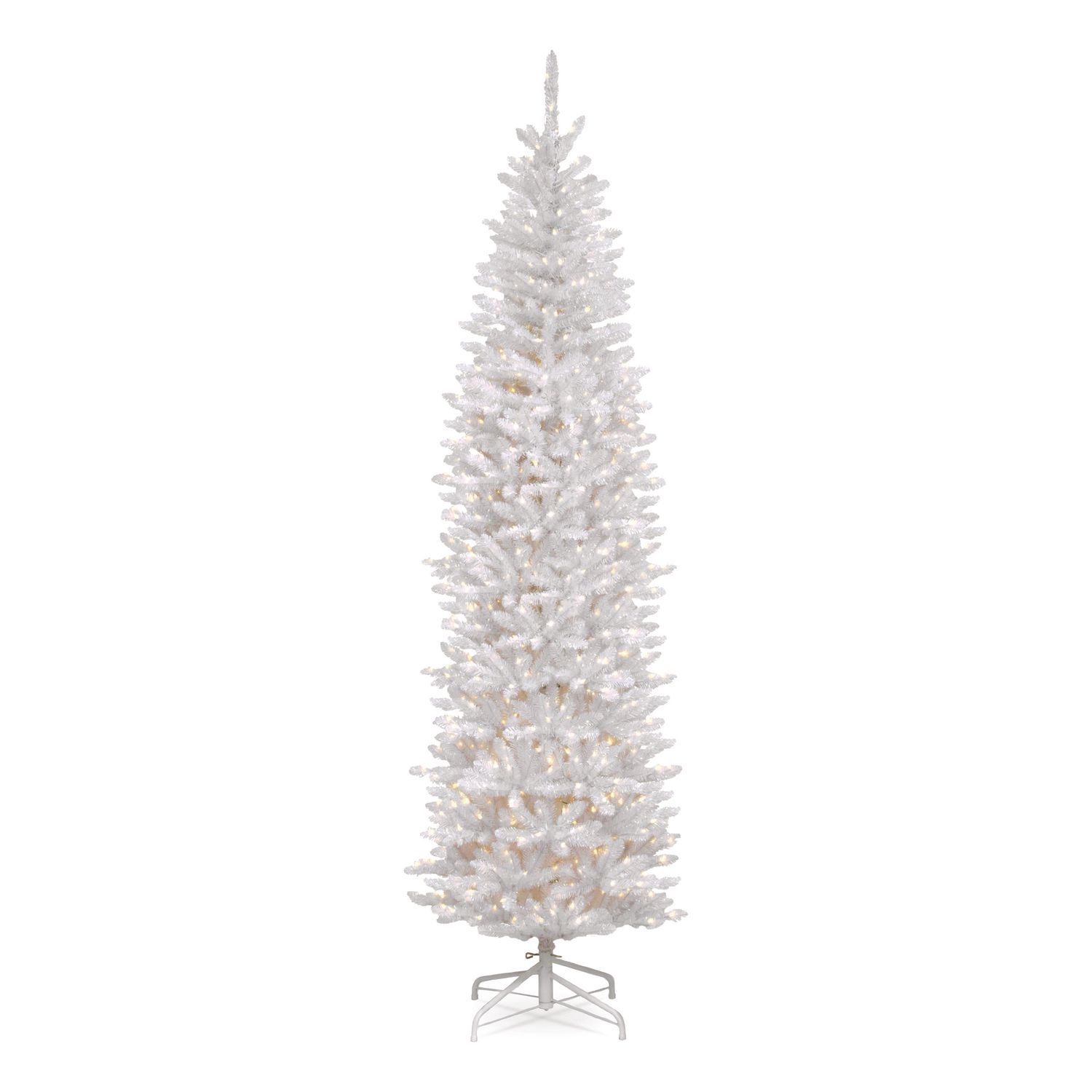 Pre-Lit Kingswood Fir Pencil Slim Tree, 35" x 35" x 108", White Tree, White Tree Stand