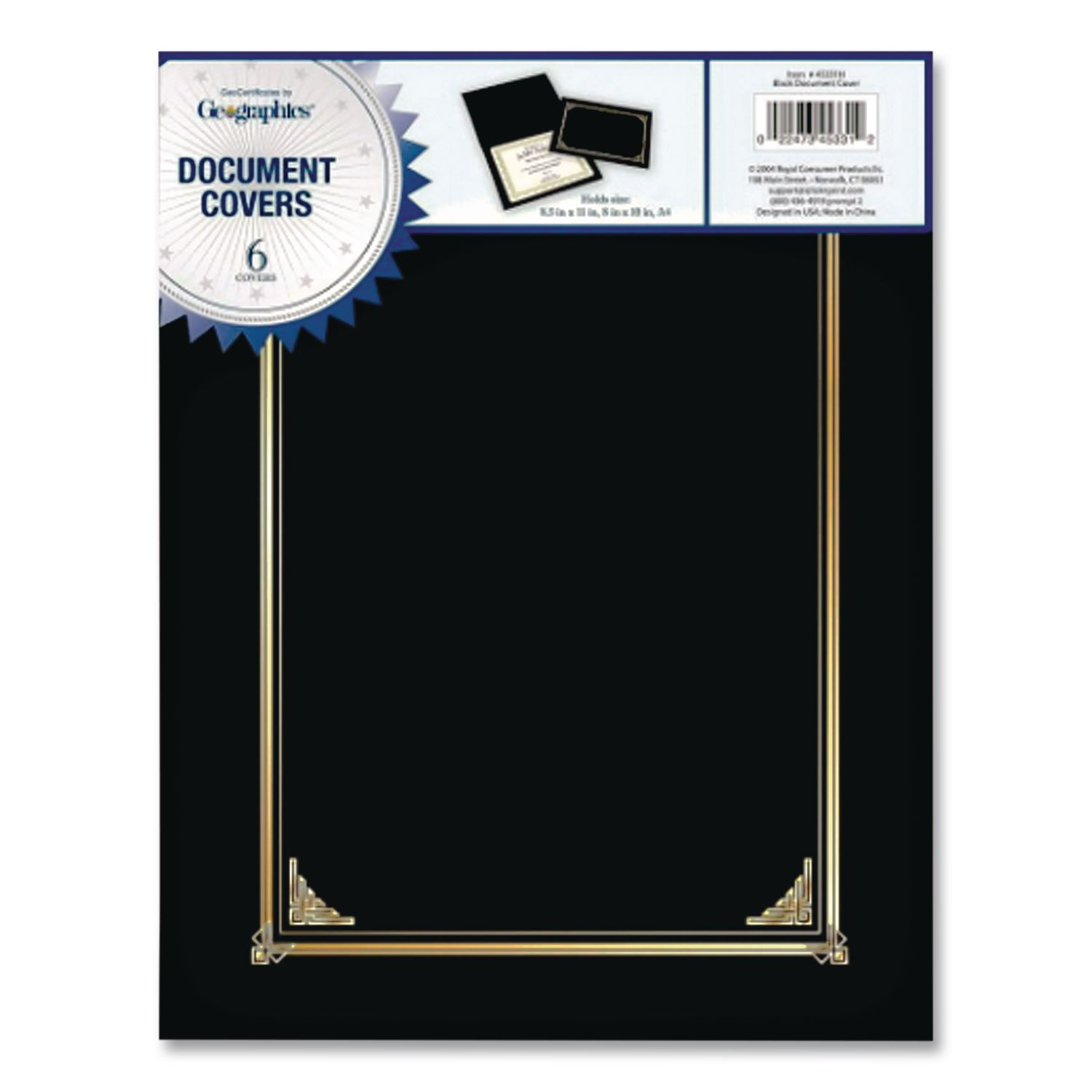 Certificate/Document Cover, 12.5 x 9.75, Black, 6/Pack