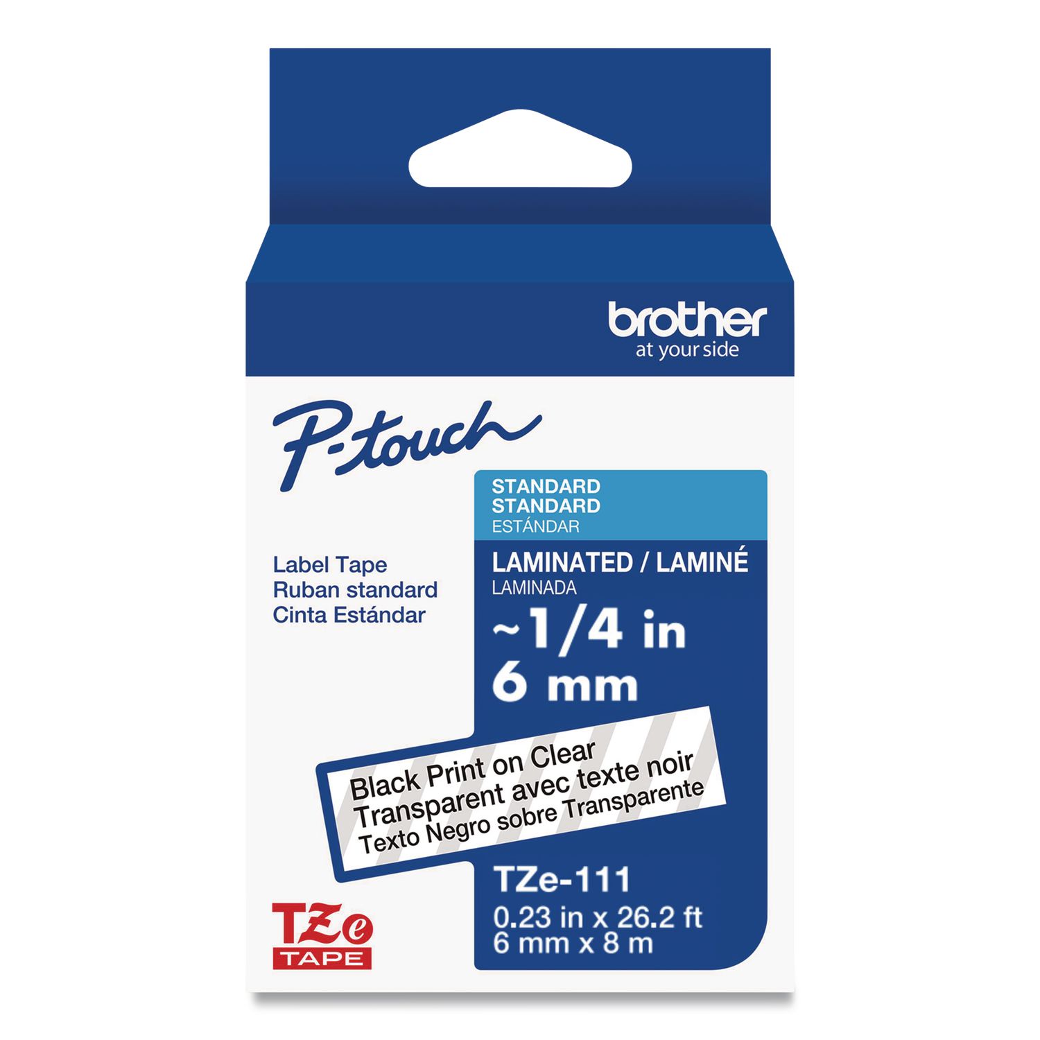 TZe Standard Adhesive Laminated Labeling Tape, 0.23" x 26.2 ft, Black on Clear