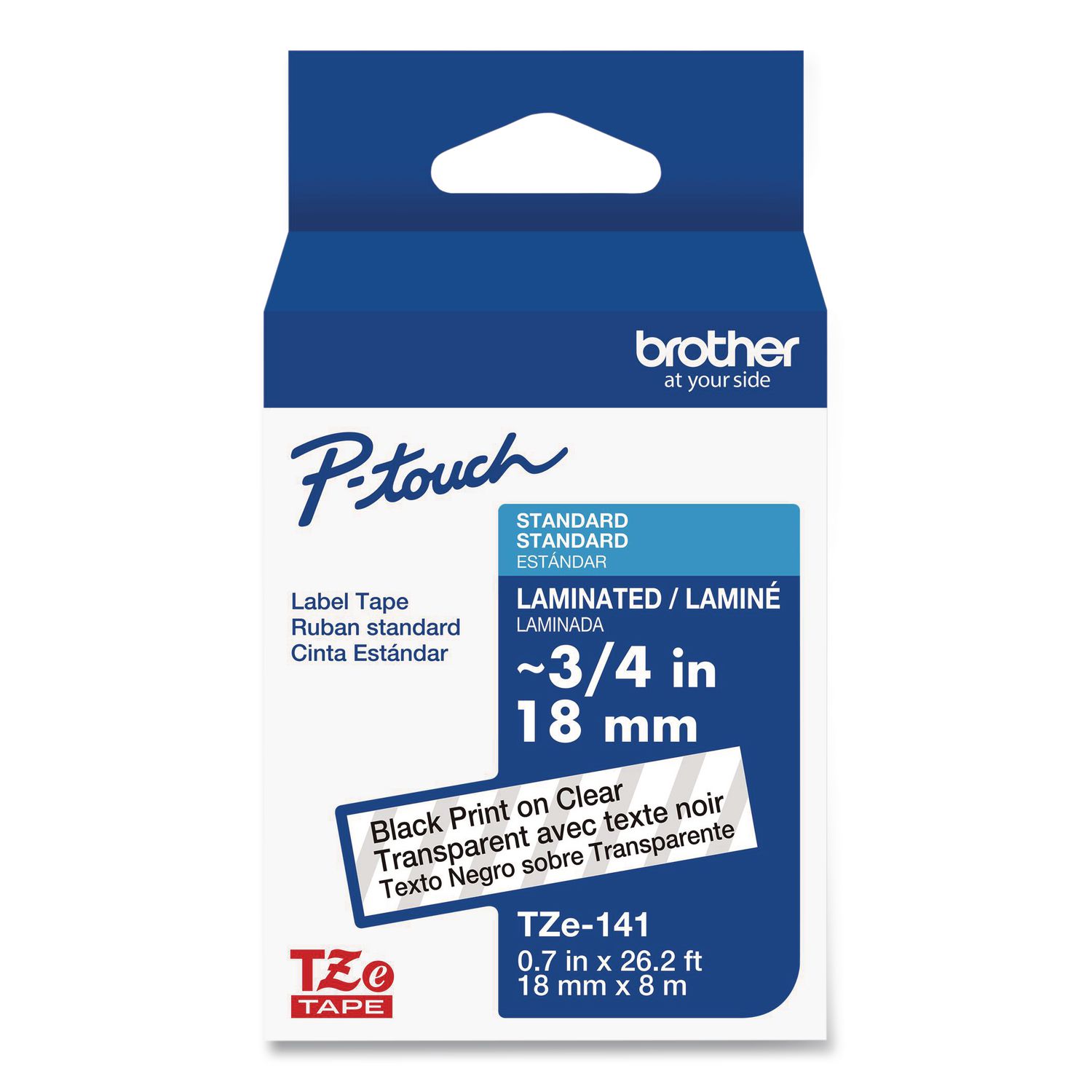 TZe Standard Adhesive Laminated Labeling Tape, 0.7" x 26.2 ft, Black on Clear
