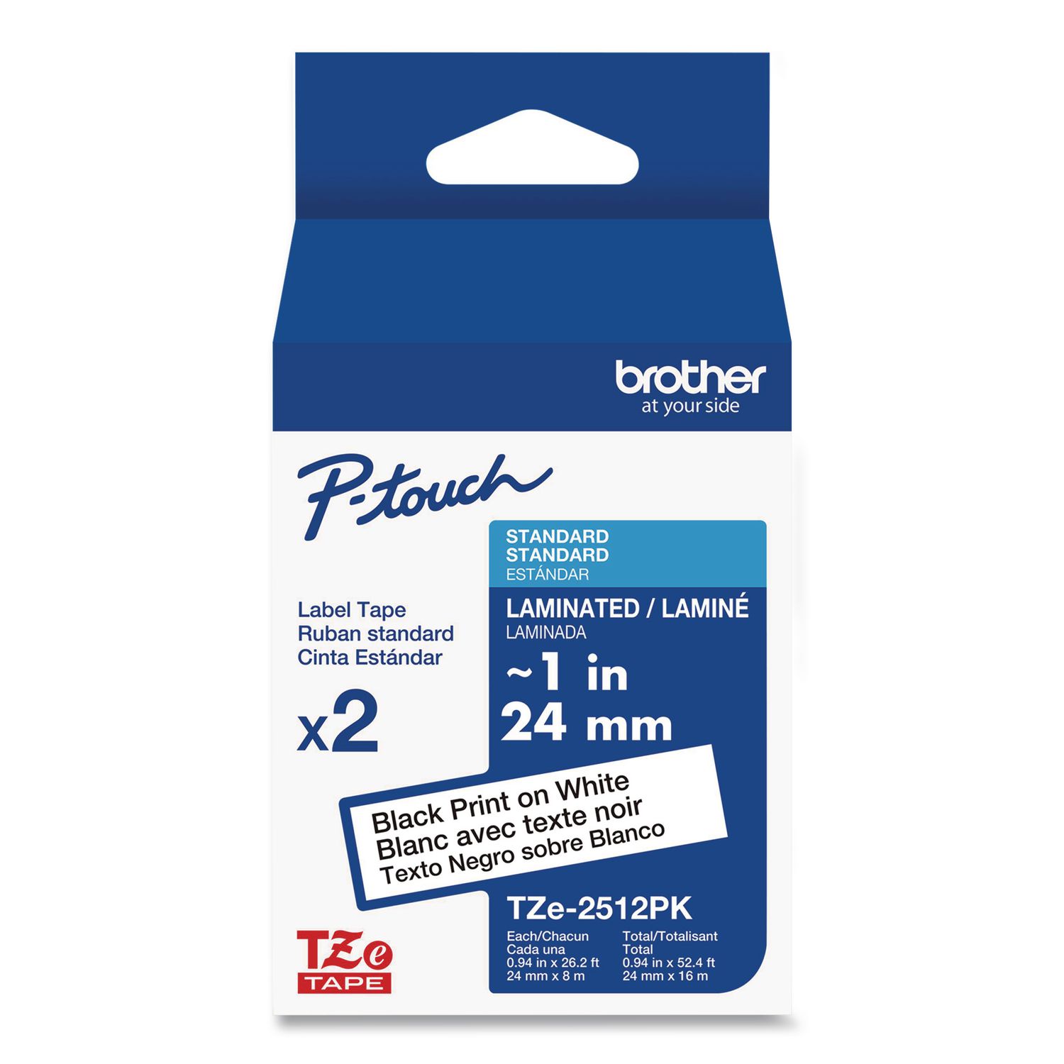 TZe Standard Adhesive Laminated Labeling Tape, 0.94" x 26.2 ft, Black on White, 2/Pack