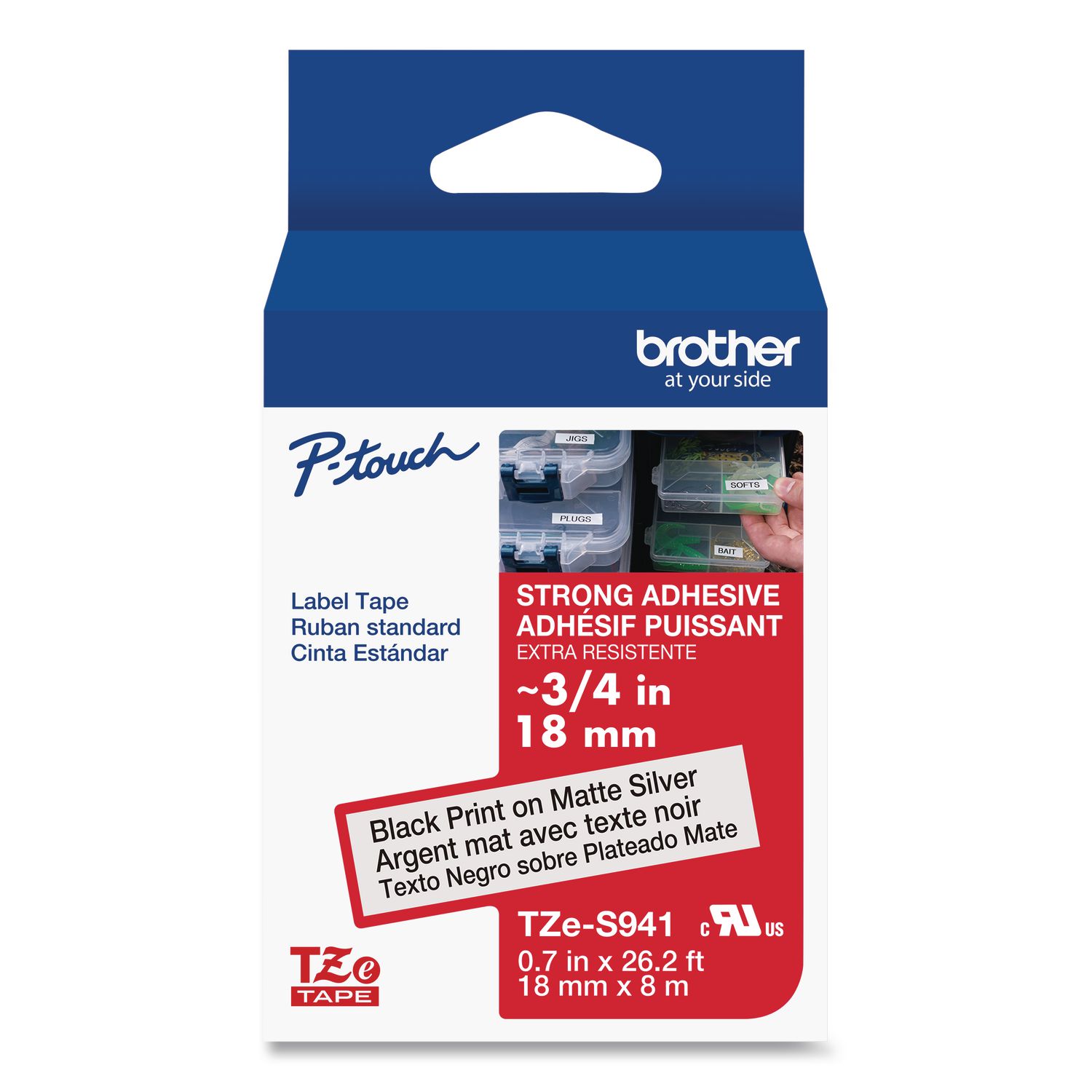 TZ Extra-Strength Adhesive Laminated Labeling Tape, 0.7" x 26.2 ft, Black on Matte Silver