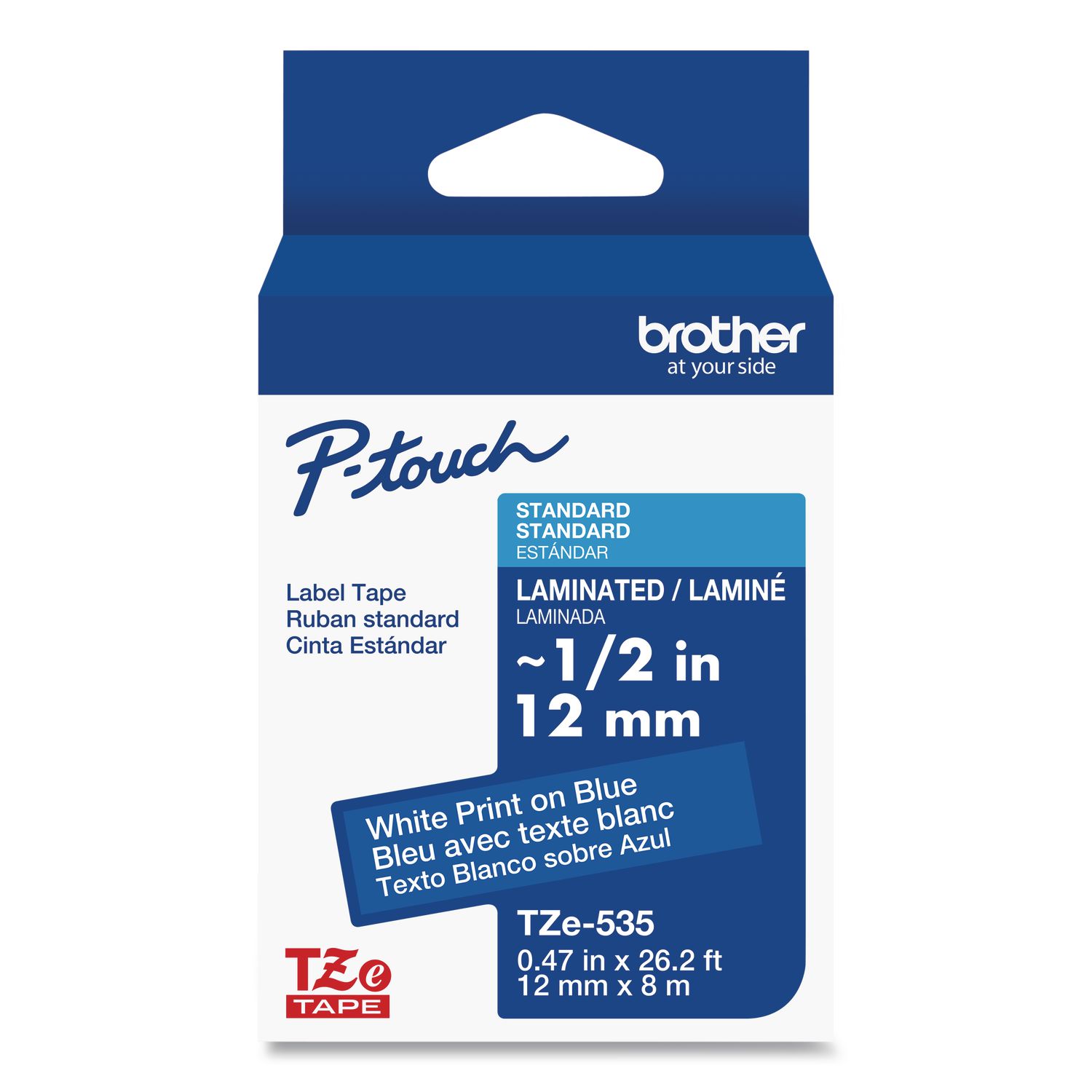 TZe Laminated Removable Label Tapes, 0.47" x 26.2 ft, White on Blue