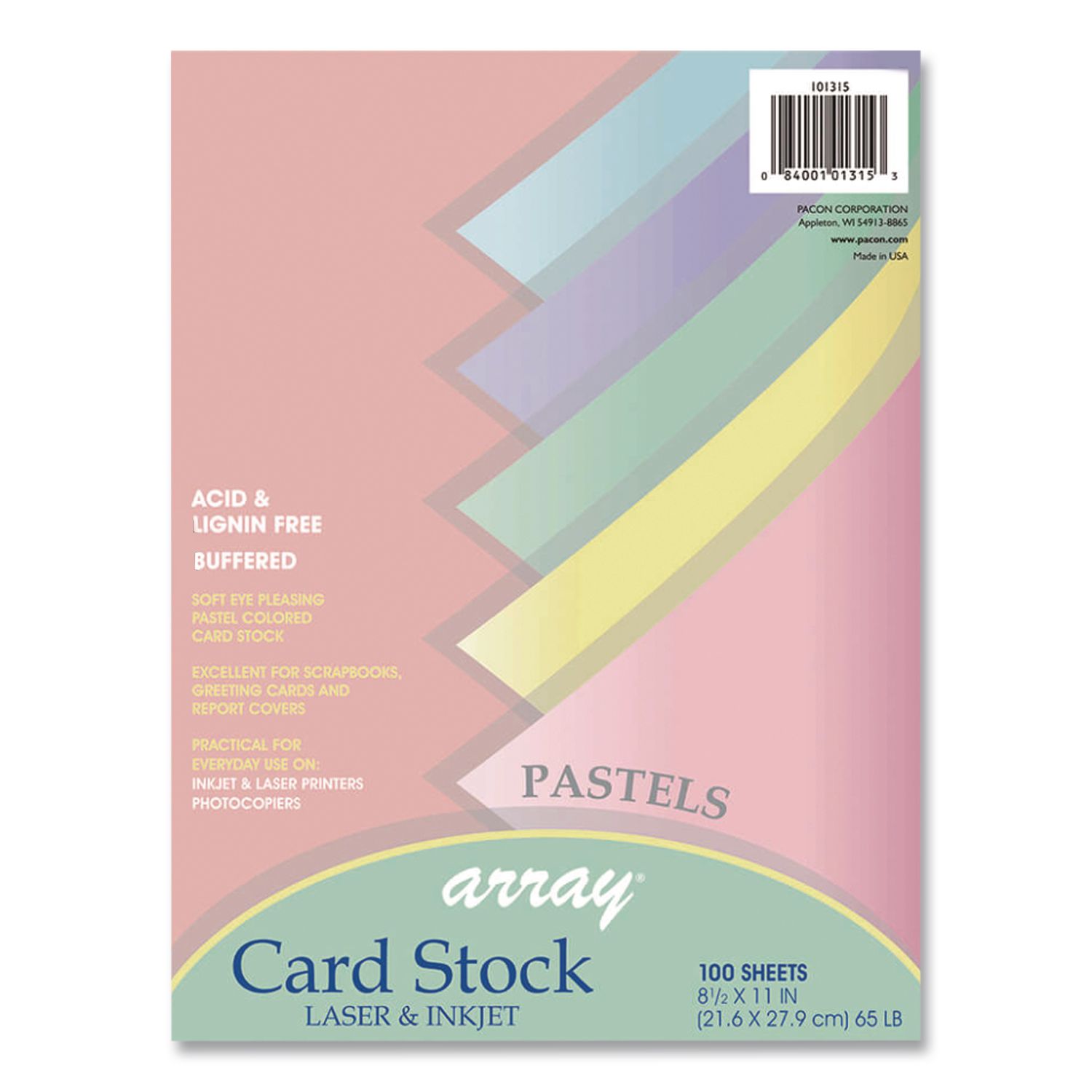 Array Card Stock, 65 lb Cover Weight, 8.5 x 11, Assorted Pastel Colors, 100/Pack