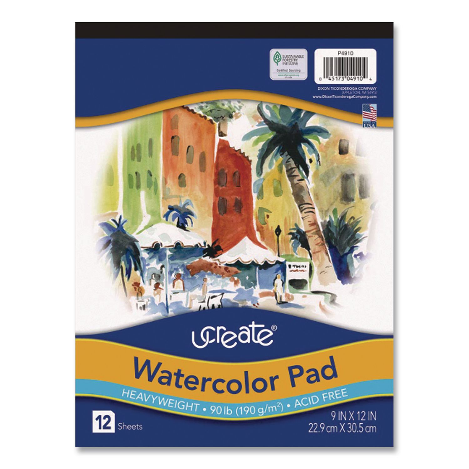 Artist Watercolor Paper Pad, Yellow Cover, Unruled, (12) White 9 x 12 Sheets