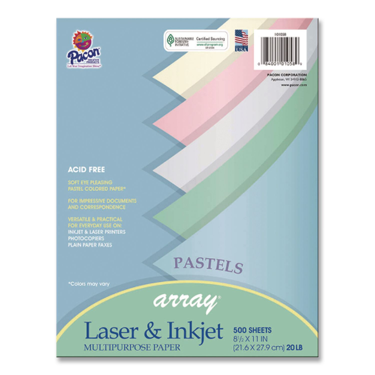 Array Colored Bond Paper, 20 lb Bond Weight, 8.5 x 11, Assorted Pastel Colors, 500/Ream