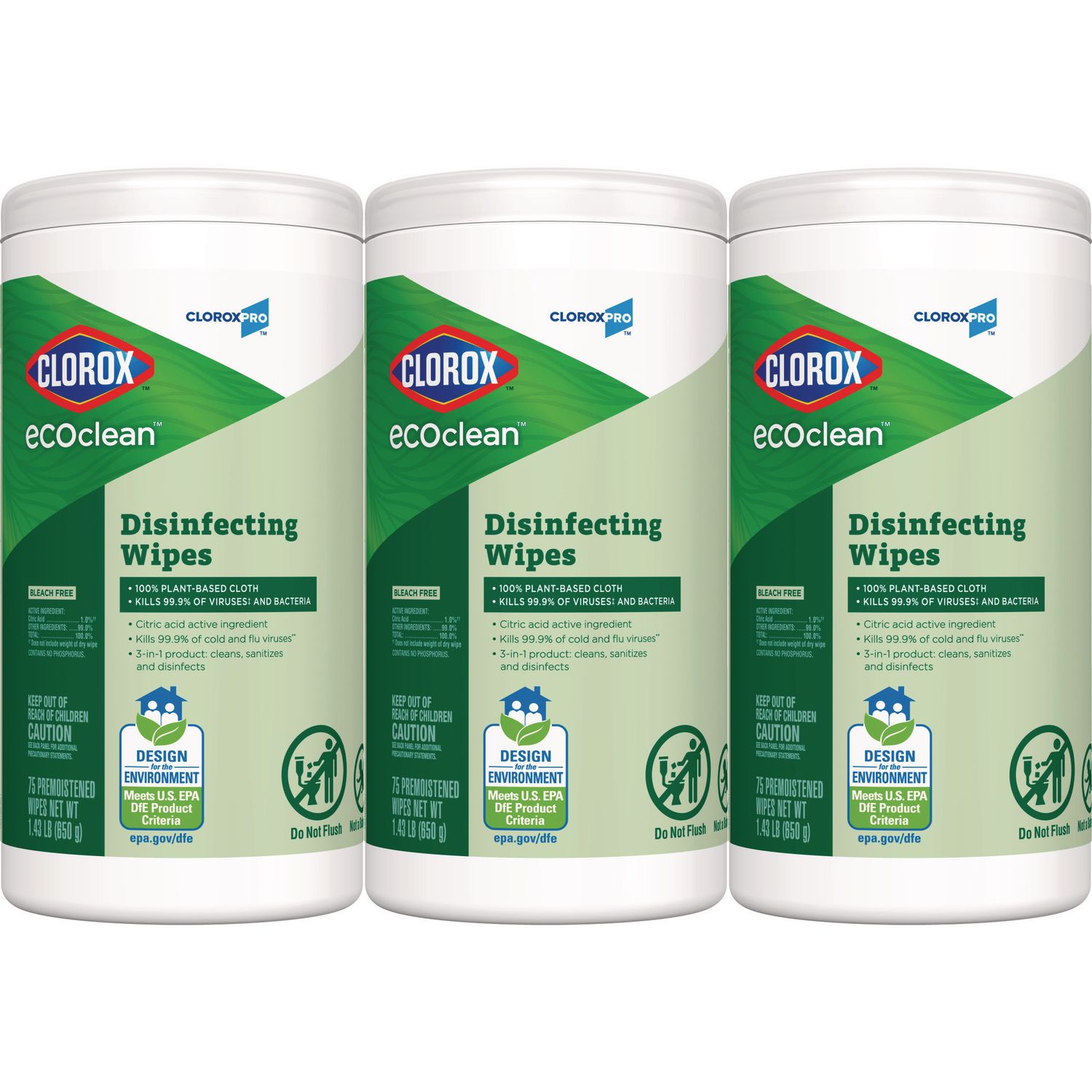 CloroxPro EcoClean Disinfecting Wipes, 1-Ply, 7 x 8, Unscented, White, 3/Carton