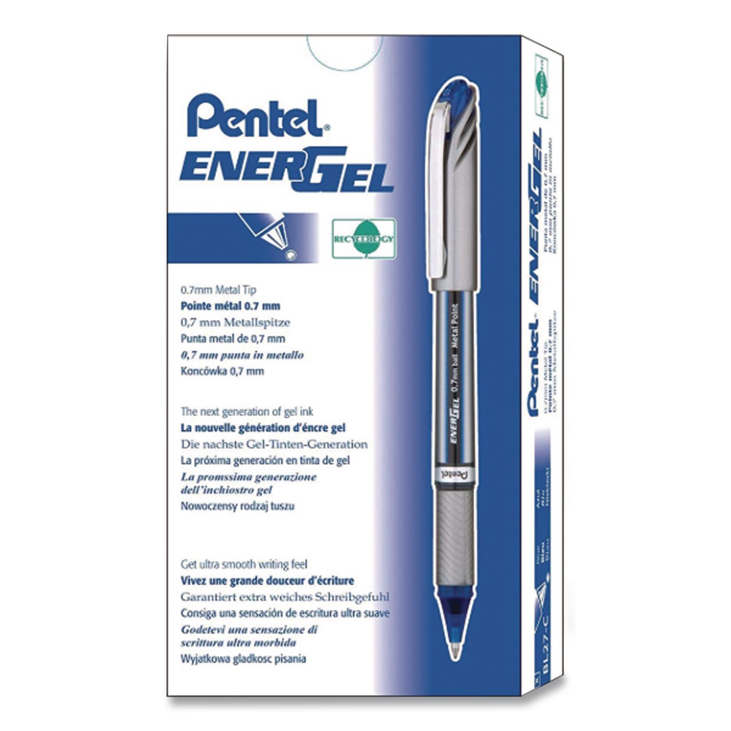 EnerGel NV Gel Pen, Stick, Medium 0.7 mm, Blue Ink, Gray/Black/Blue Barrel, Dozen