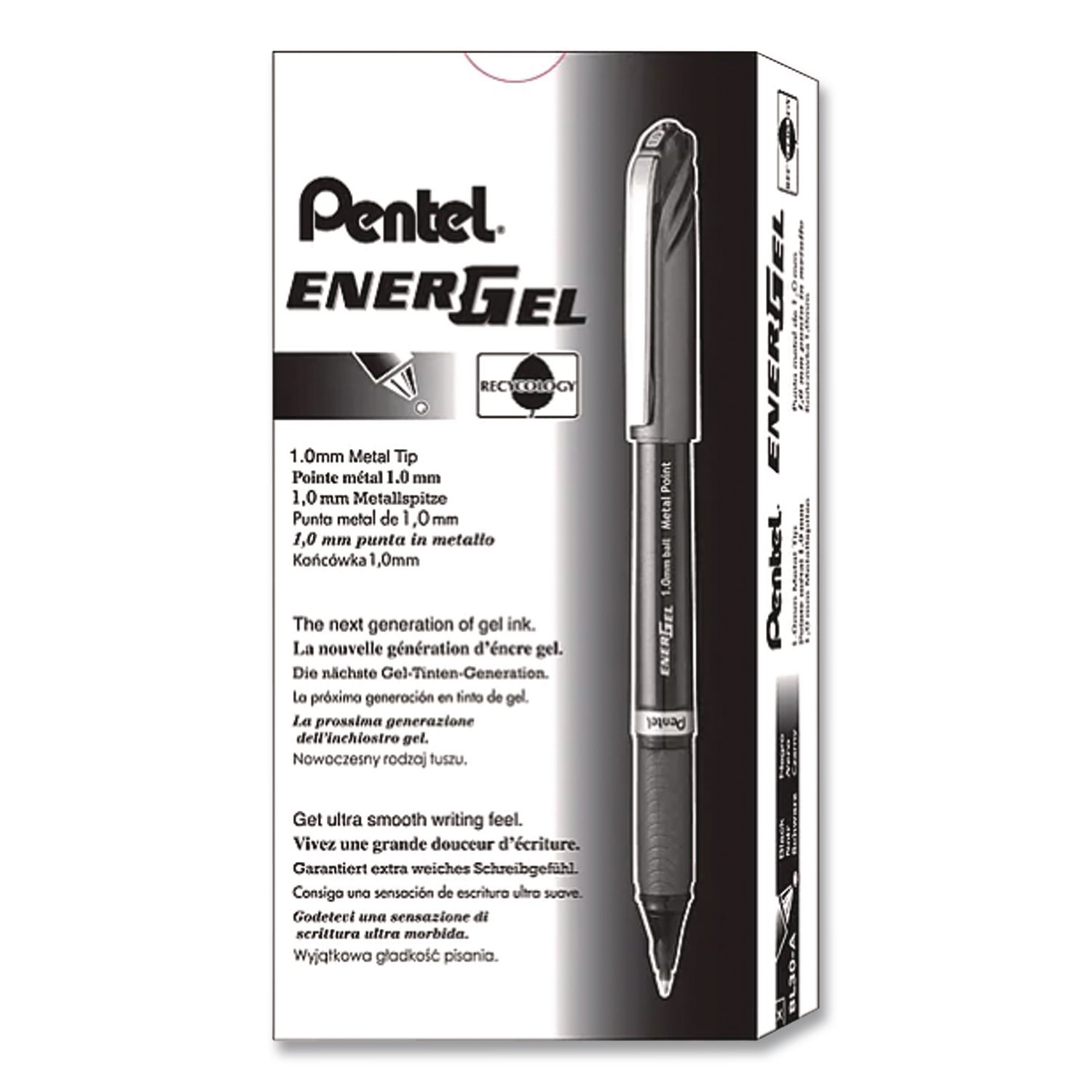 EnerGel NV Gel Pen, Stick, Bold 1 mm, Black Ink, Gray/Black Barrel, Dozen