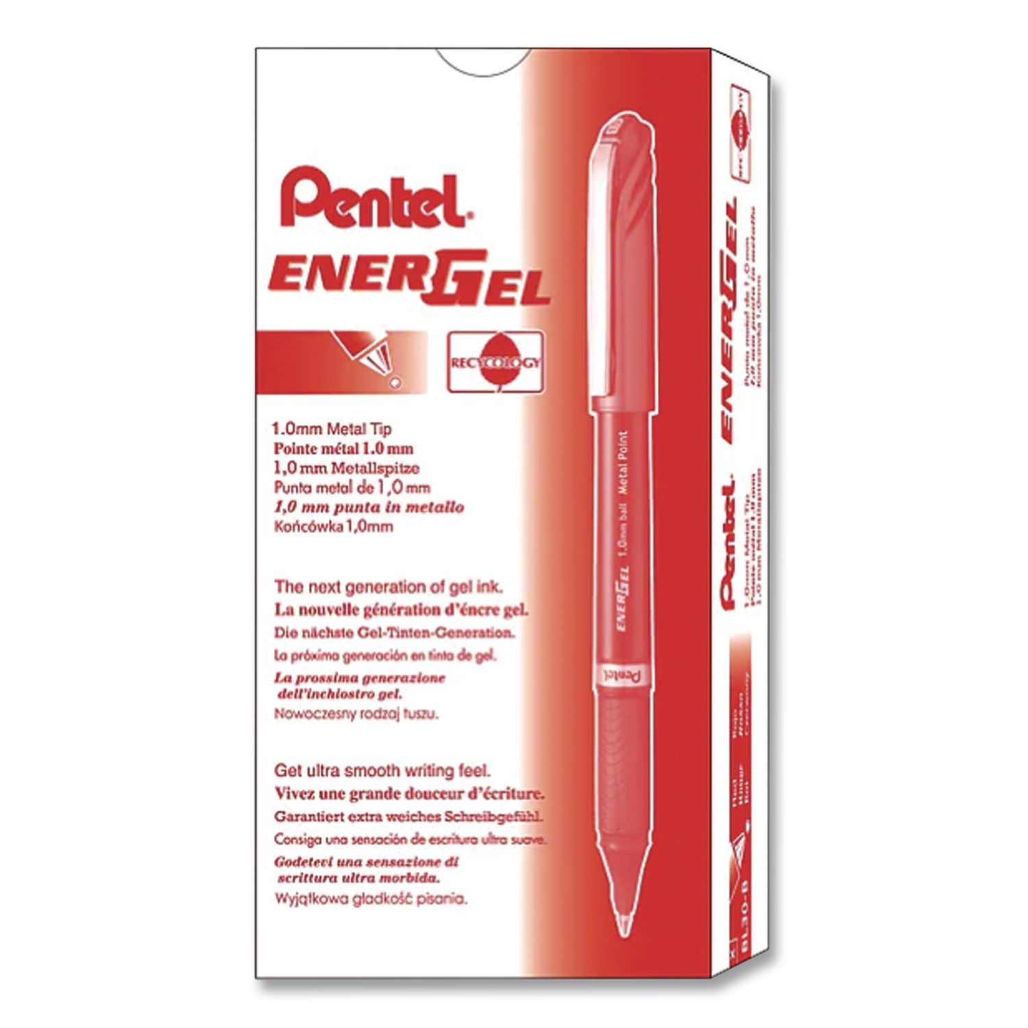 EnerGel NV Gel Pen, Stick, Bold 1 mm, Red Ink, Gray/Red Barrel, Dozen