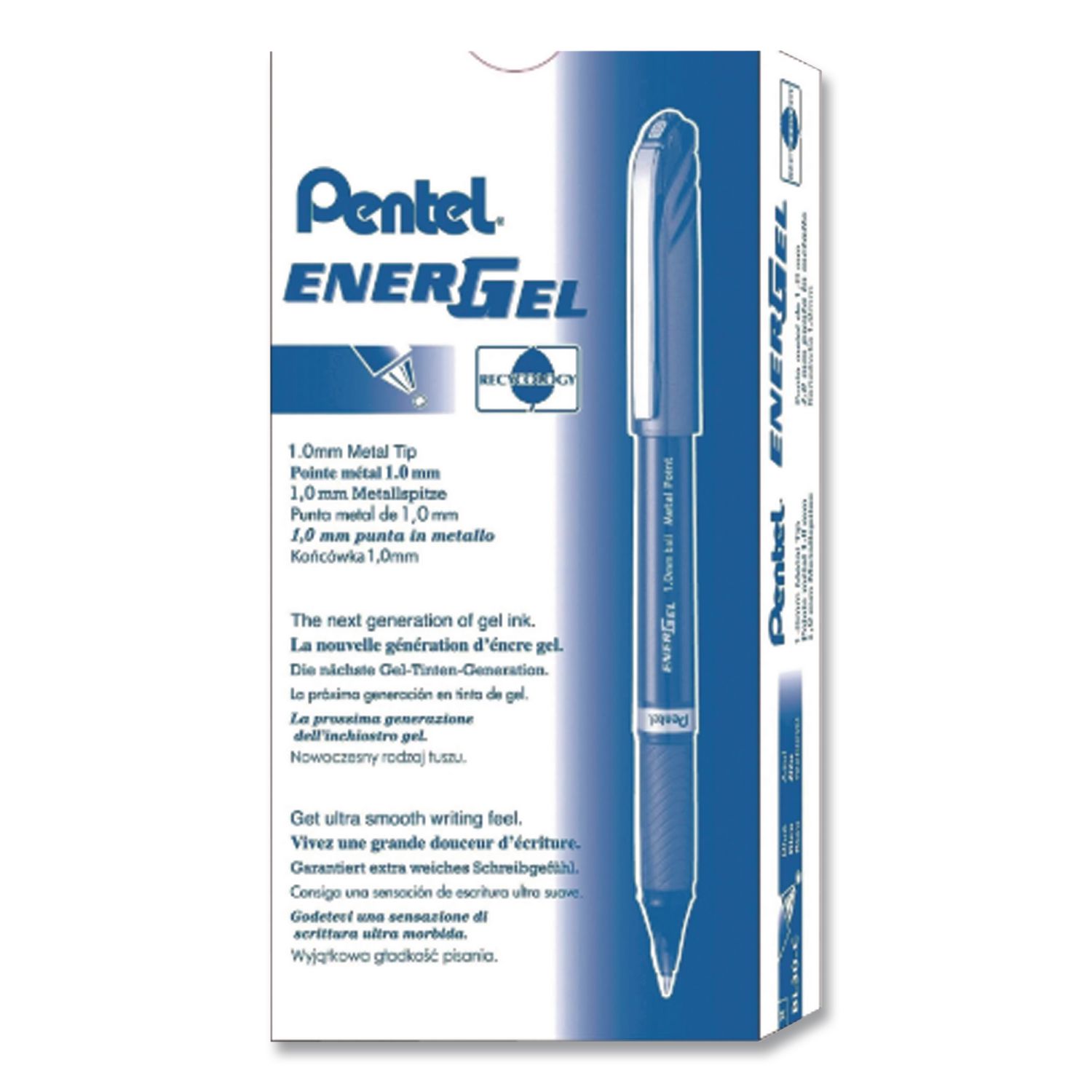 EnerGel NV Gel Pen, Stick, Bold 1 mm, Blue Ink, Gray/Blue Barrel, Dozen