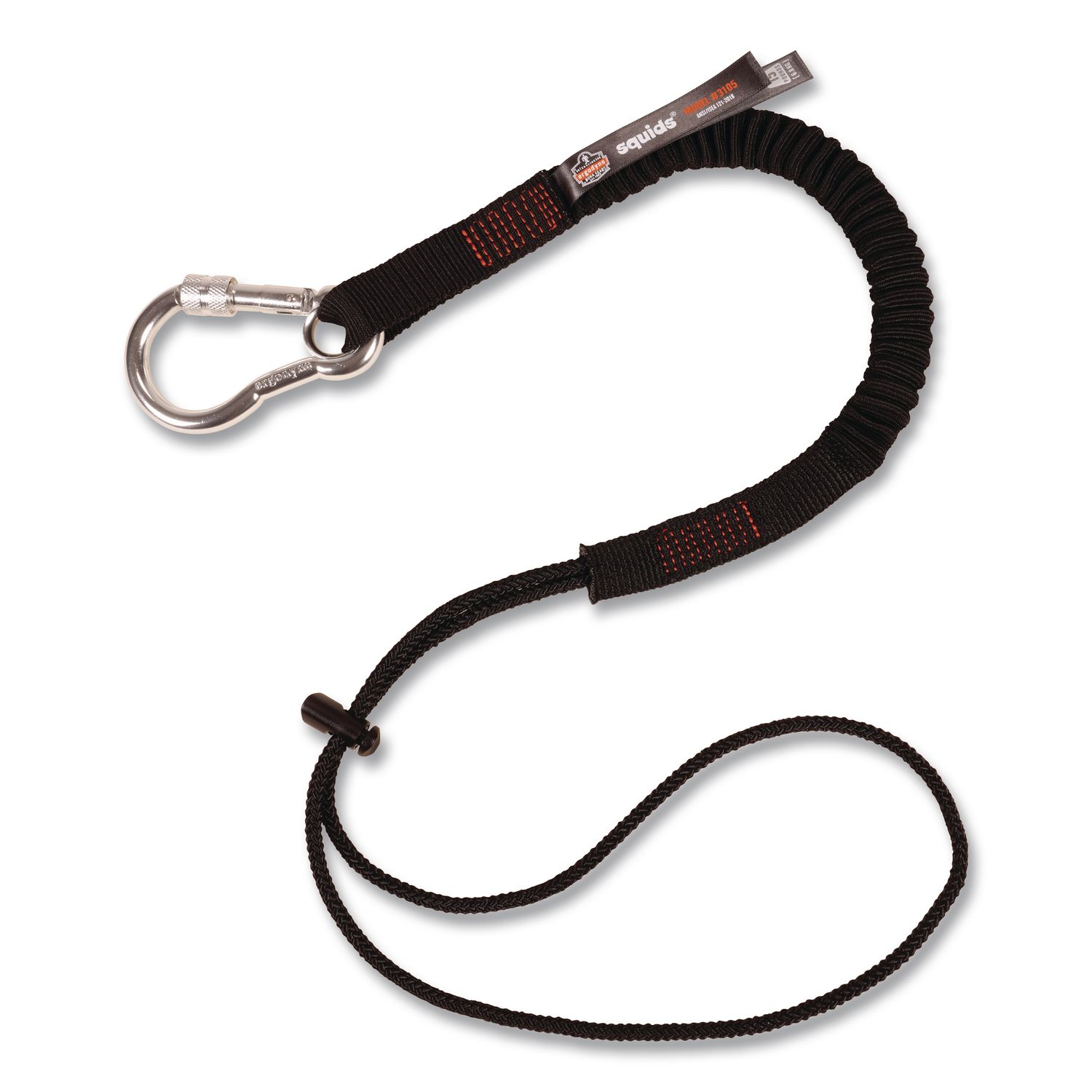 Squids 3105 Tool Lanyard with Aluminum Carabiner + Cinch-Loop, 15 lb Max Working Capacity, 32" to 48", Black, 100/Carton