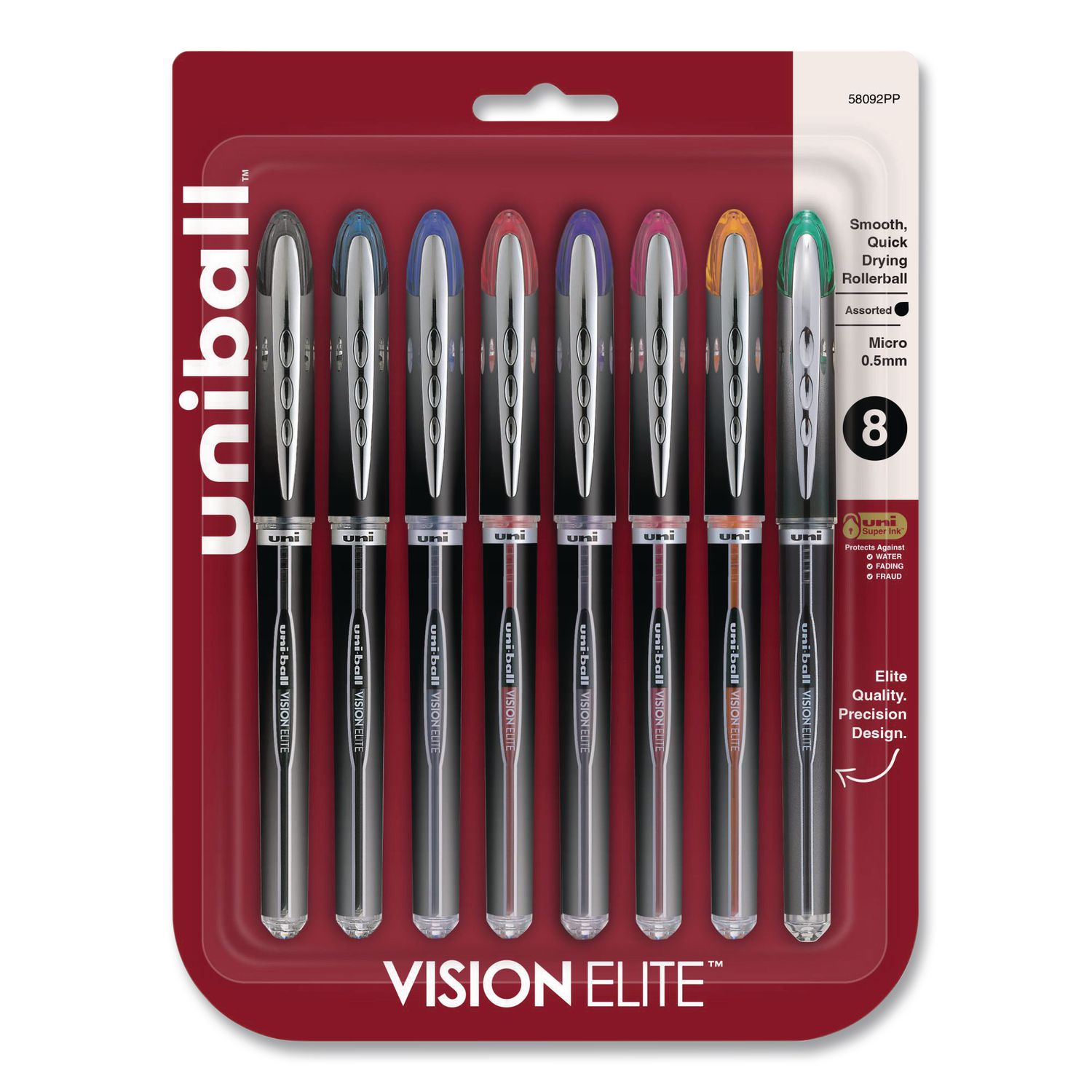 VISION ELITE Rollerball Pen, Stick, Fine 0.5 mm, Assorted Ink and Barrel Colors, 8/Pack