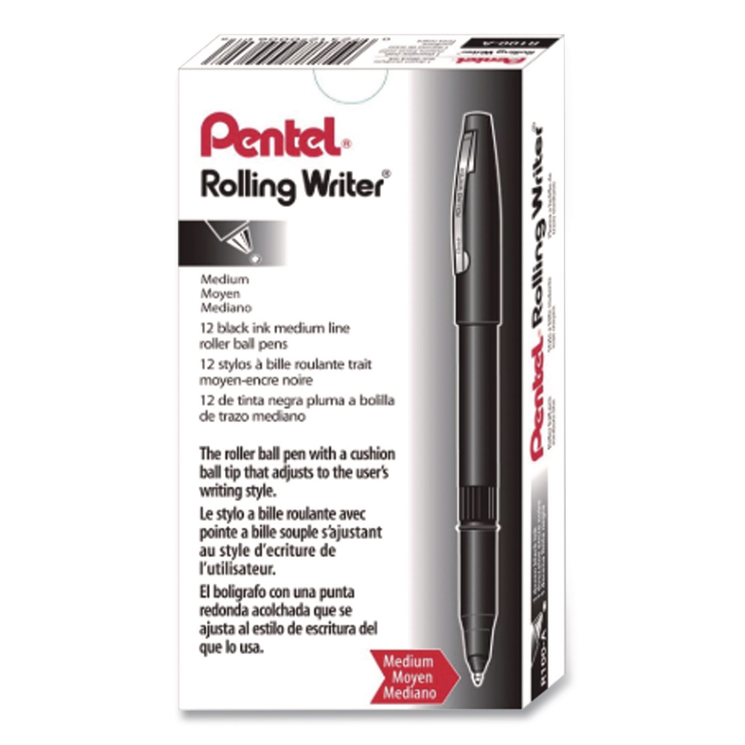 Rolling Writer Rollerball Pen, Stick, Medium 0.8 mm, Black Ink, Black Barrel, Dozen