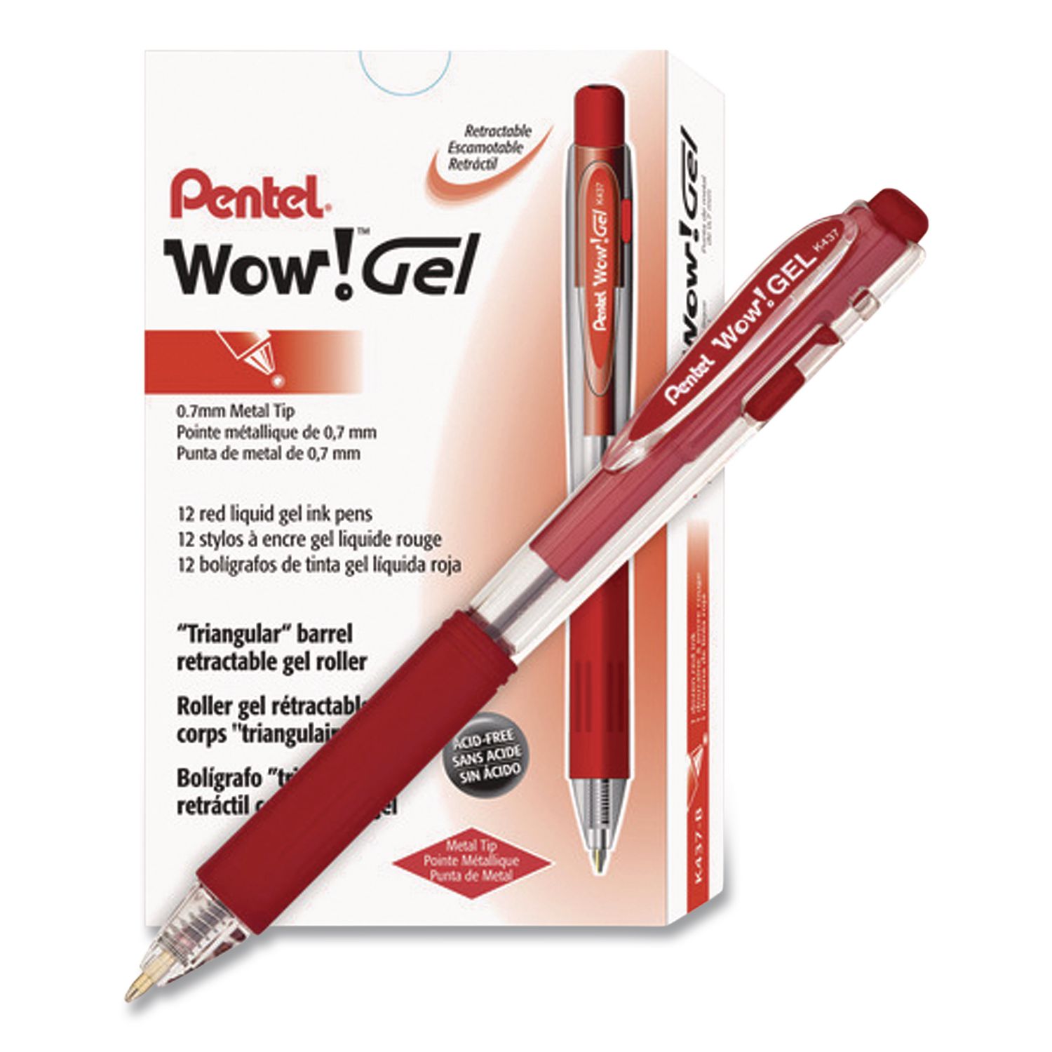 WOW! Gel Pen, Retractable, Medium 0.7 mm, Red Ink, Clear/Red Barrel, Dozen