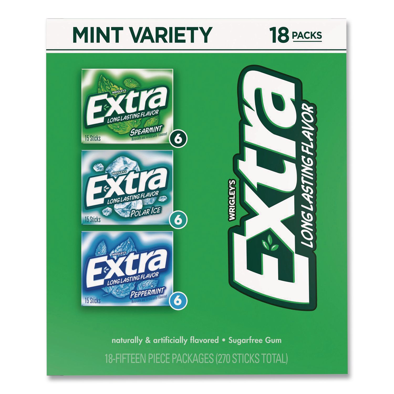 Extra Mint Variety Sugar-Free Gum, Peppermint/Polar Ice/Spearmint, 15 Sticks/Pack, 18 Packs/Carton