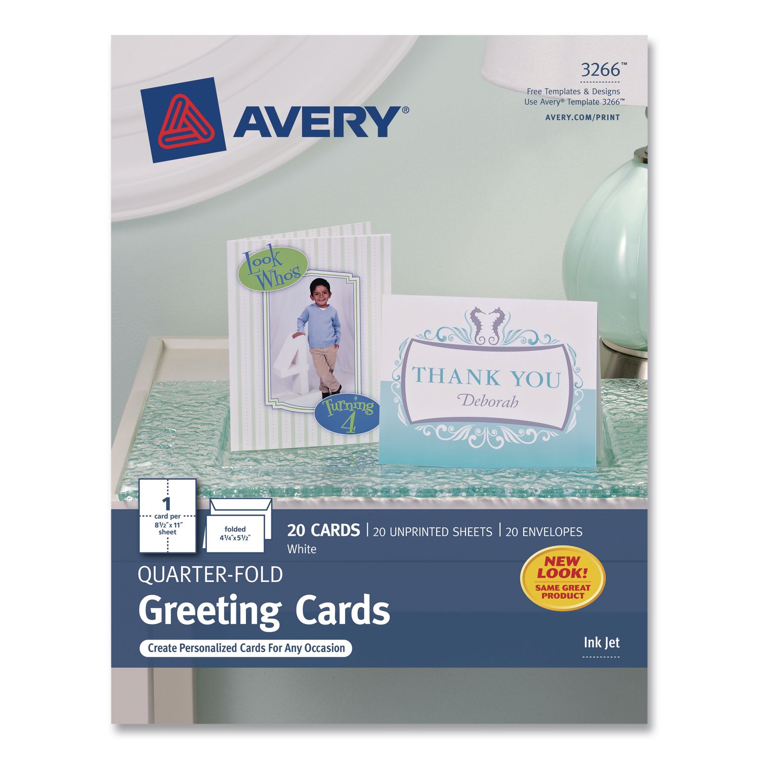 Quarter-Fold Greeting Cards with Matching Envelopes, 80 lb, 5.5 x 4.25, Matte White, 1 Card/Sheet, 20 Sheets/Pack