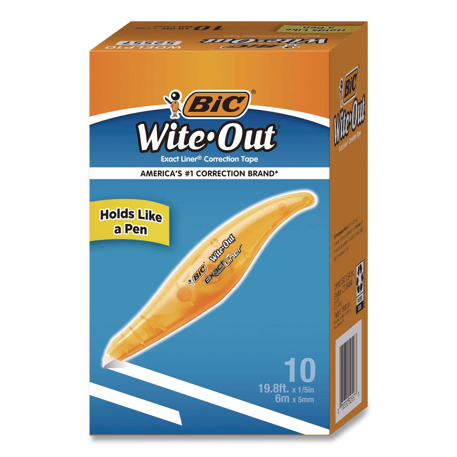 Wite-Out Brand Exact Liner Correction Tape, Non-Refillable, 0.2" x 19.8 ft, White Tape, Translucent Orange Dispenser, 10/Box