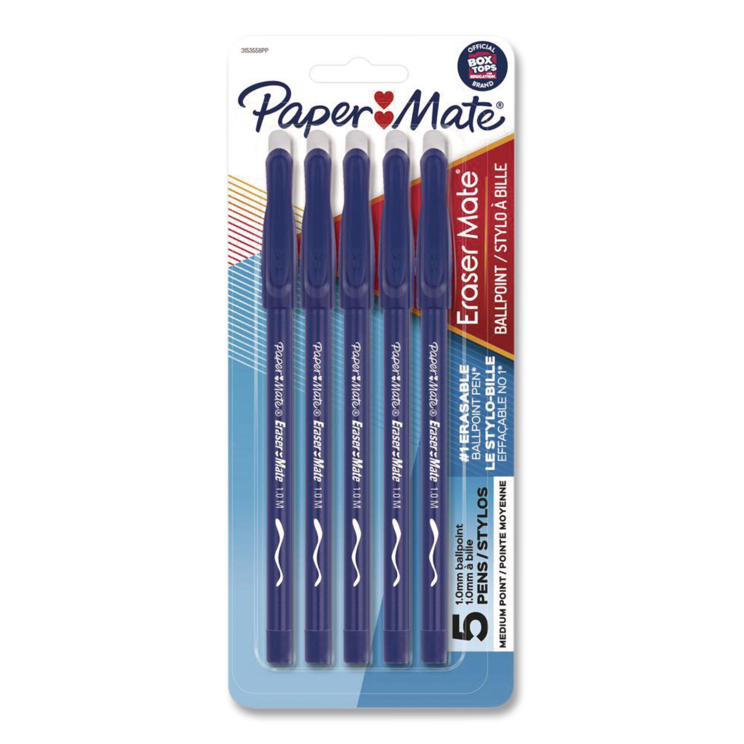 Eraser Mate Ballpoint Pen, Stick, Medium 1 mm, Blue Ink, Blue Barrel, 5/Pack