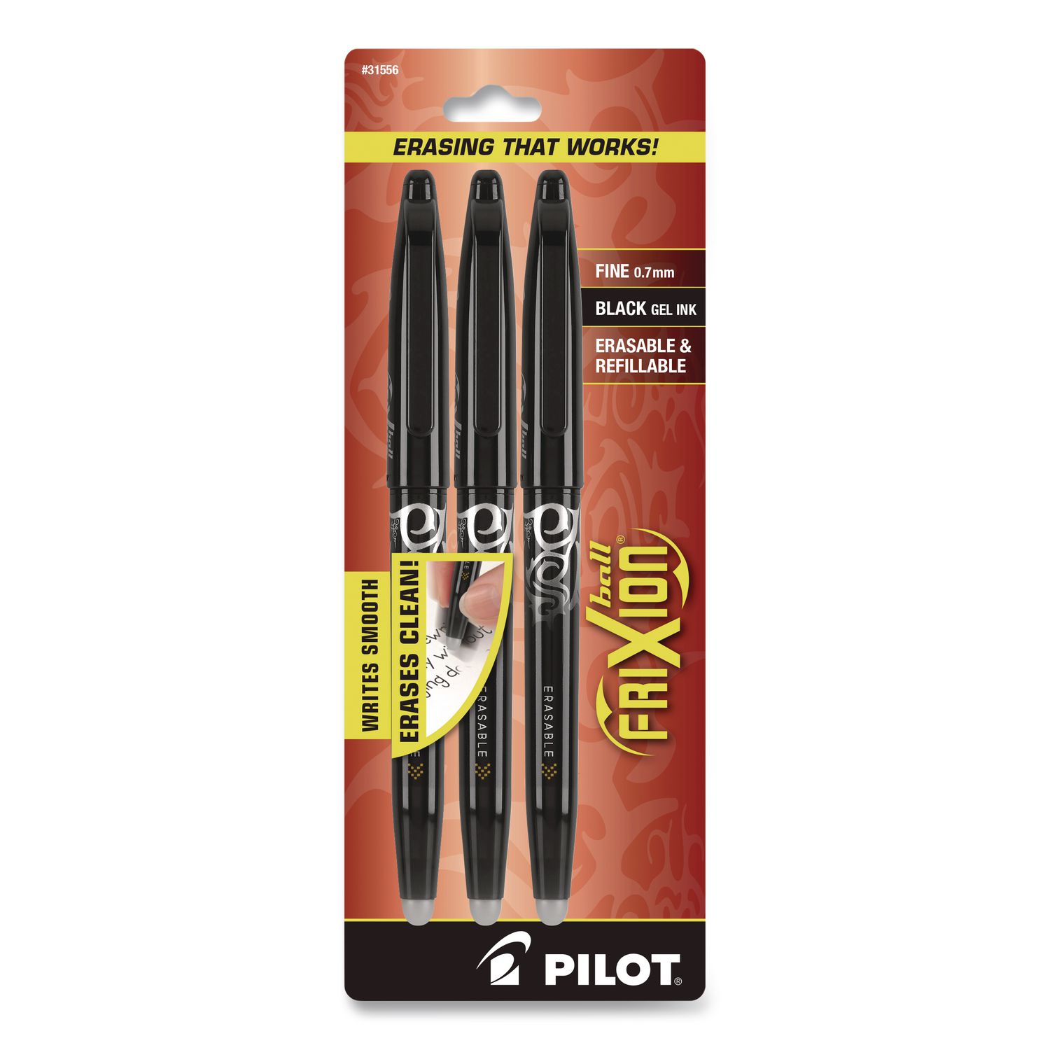 FriXion Ball Erasable Gel Pen, Stick, Fine 0.7 mm, Black Ink, Black Barrel, 3/Pack