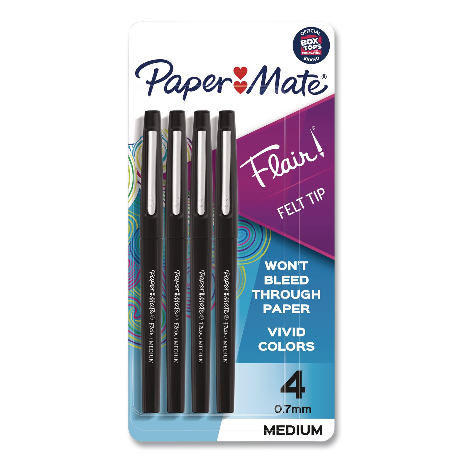 Flair Felt Tip Porous Point Pen, Stick, Medium 0.7 mm, Black Ink, Black Barrel, 4/Pack