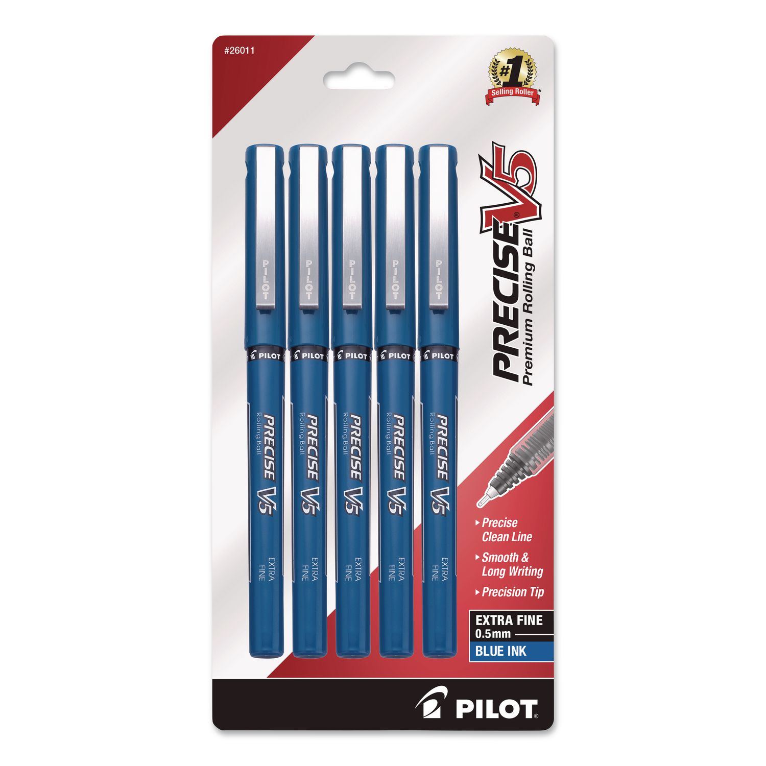 Precise V5 Rollerball Pen, Stick, Extra-Fine 0.5 mm, Blue Ink, Blue/Clear Barrel, 5/Pack