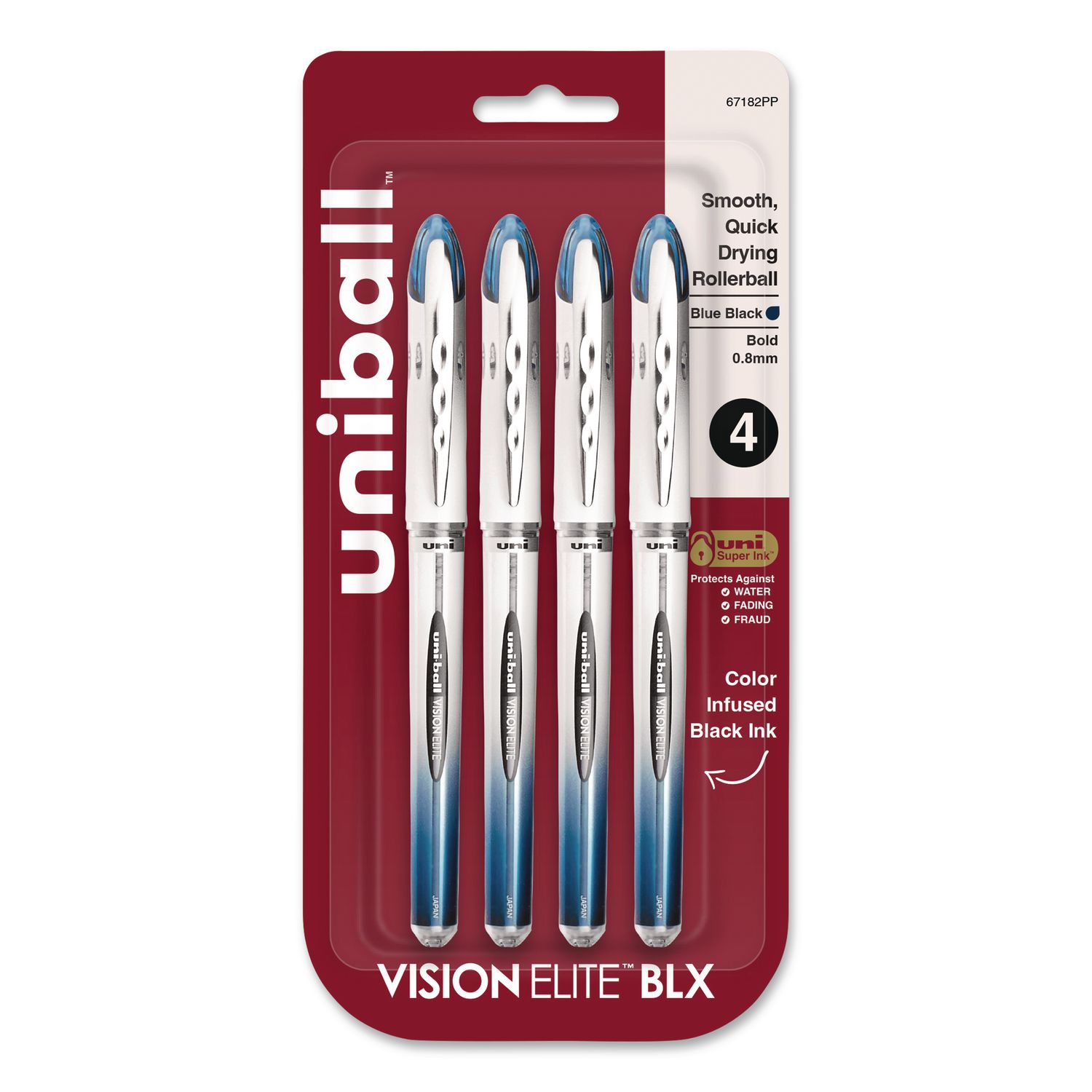 VISION ELITE BLX Series Hybrid Gel Pen, Stick, Bold 0.8 mm, Blue-Infused Black Ink, White/Blue/Clear Barrel, 4/Pack