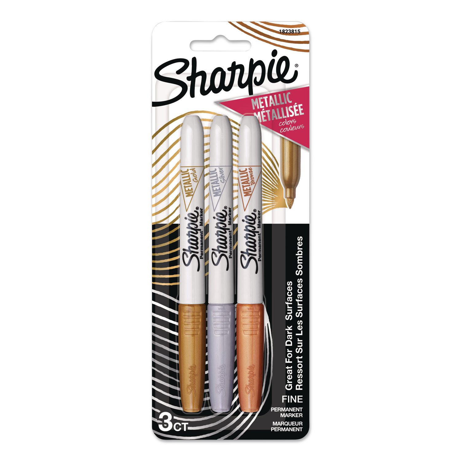 Fine Tip Permanent Markers, Fine Tip, Assorted Metallic Colors, 3/Pack