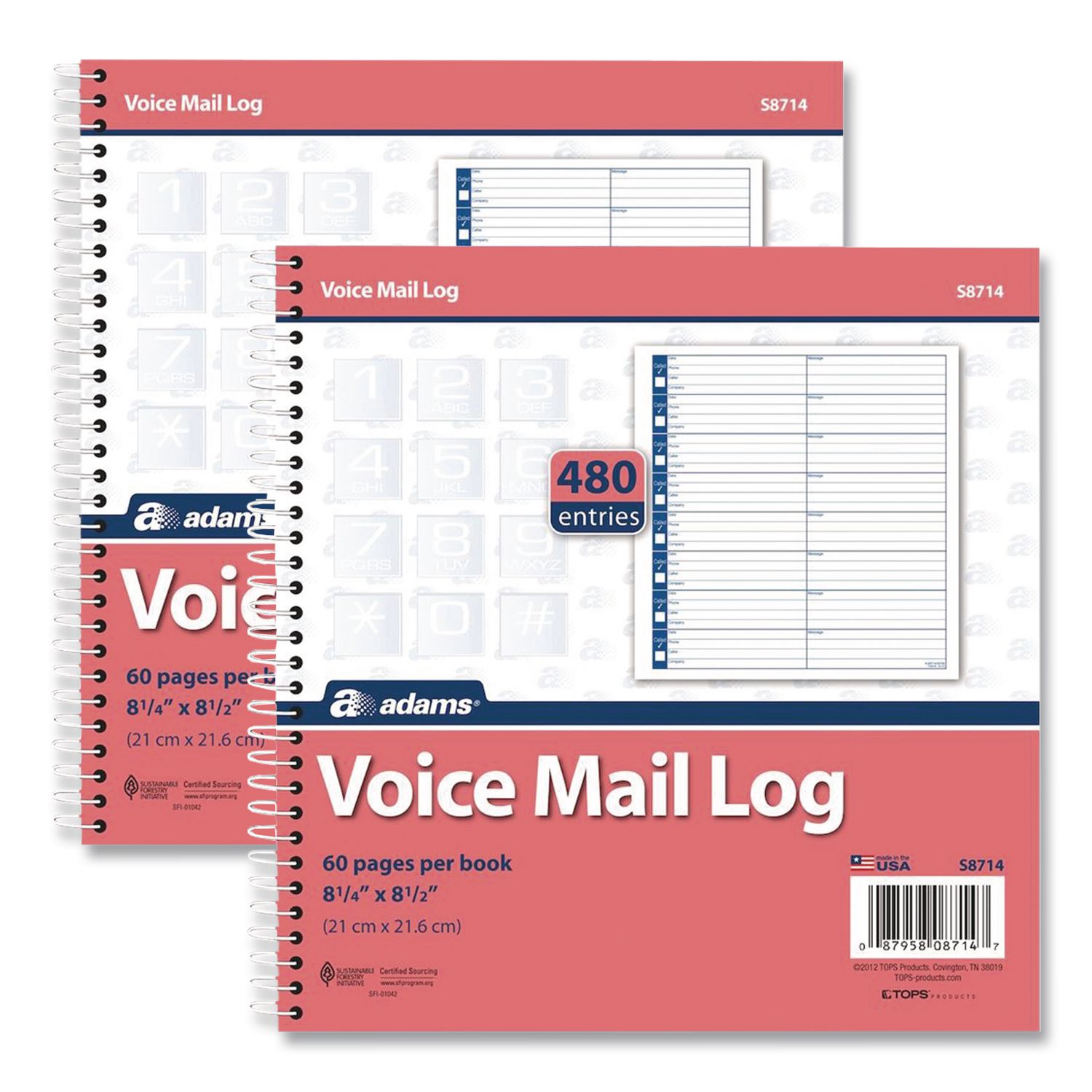 Voice Mail Log Books, One-Part (No Copies), 8.25 x 8.5, 8 Forms/Sheet, 480 Forms Total, 2/Pack