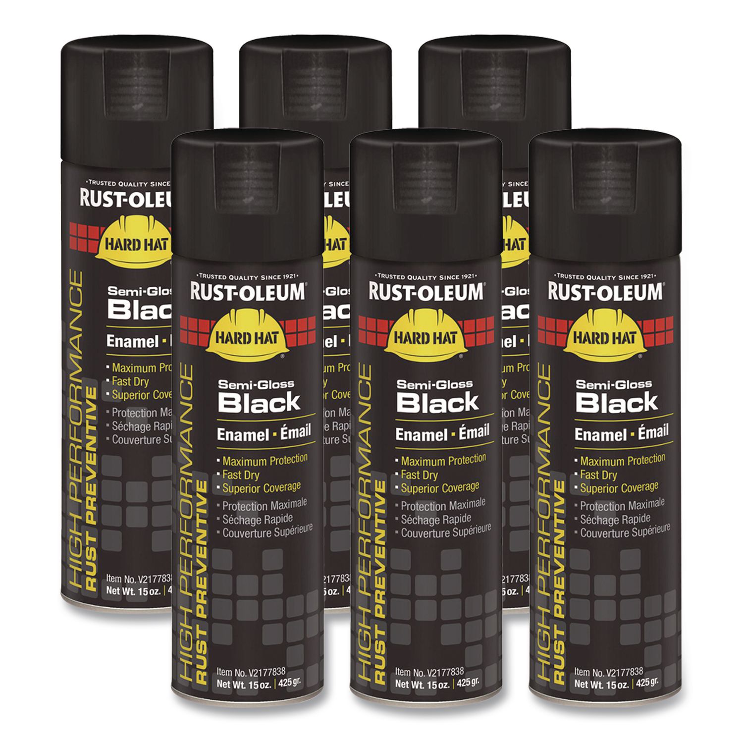 Hard Hat High Performance V2100 System Rust Preventive Enamel Spray Paint, Semi-Gloss Black, 15 oz Aerosol Can, 6/Carton