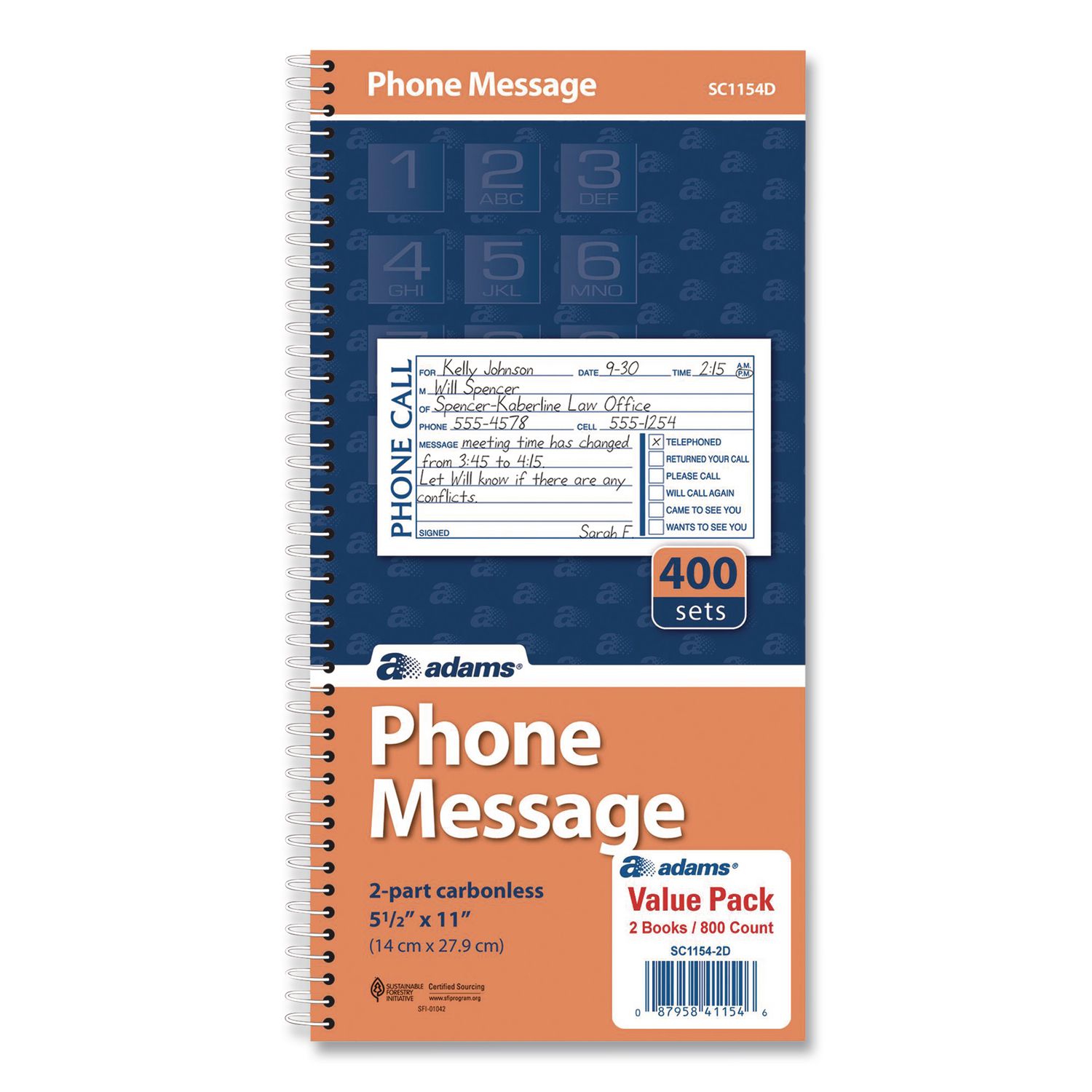 Wirebound Telephone Message Book, Two-Part Carbonless, 4.75 x 2.5, 4 Forms/Sheet, 400 Forms Total, 2/Pack
